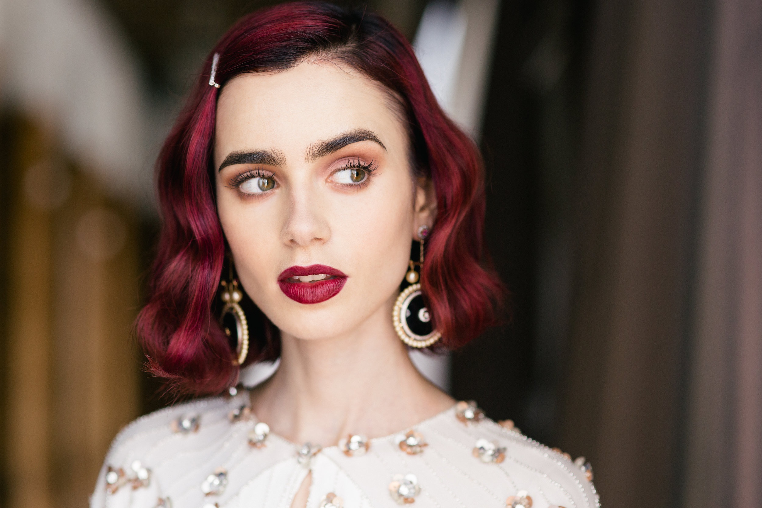 Actress Earrings English Face Green Eyes Lily Collins Lipstick Model 2500x1667