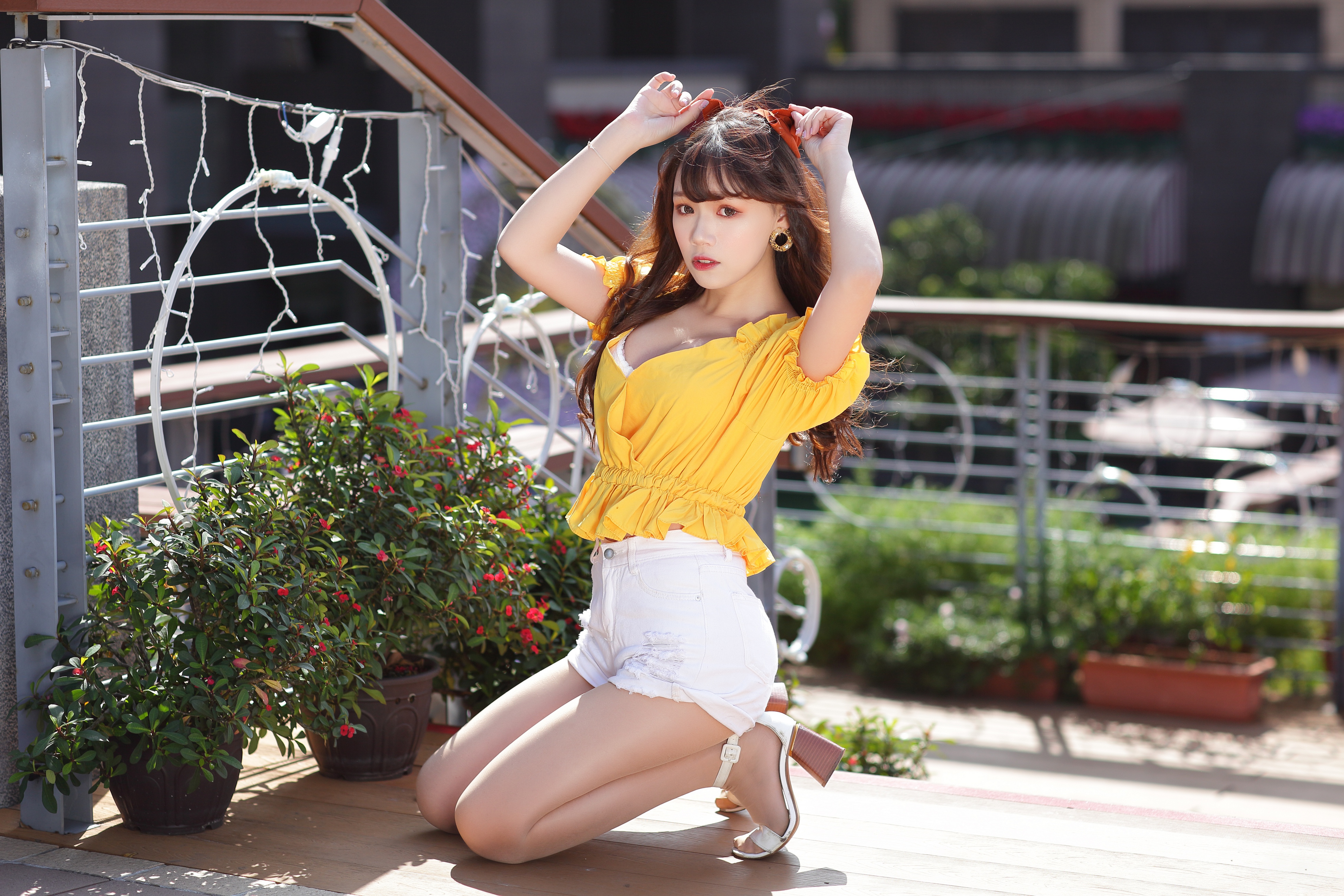 Asian Women Model Long Hair Brunette Railing Depth Of Field Flowerpot Balcony Shorts Yellow Shirt Wh 4562x3041