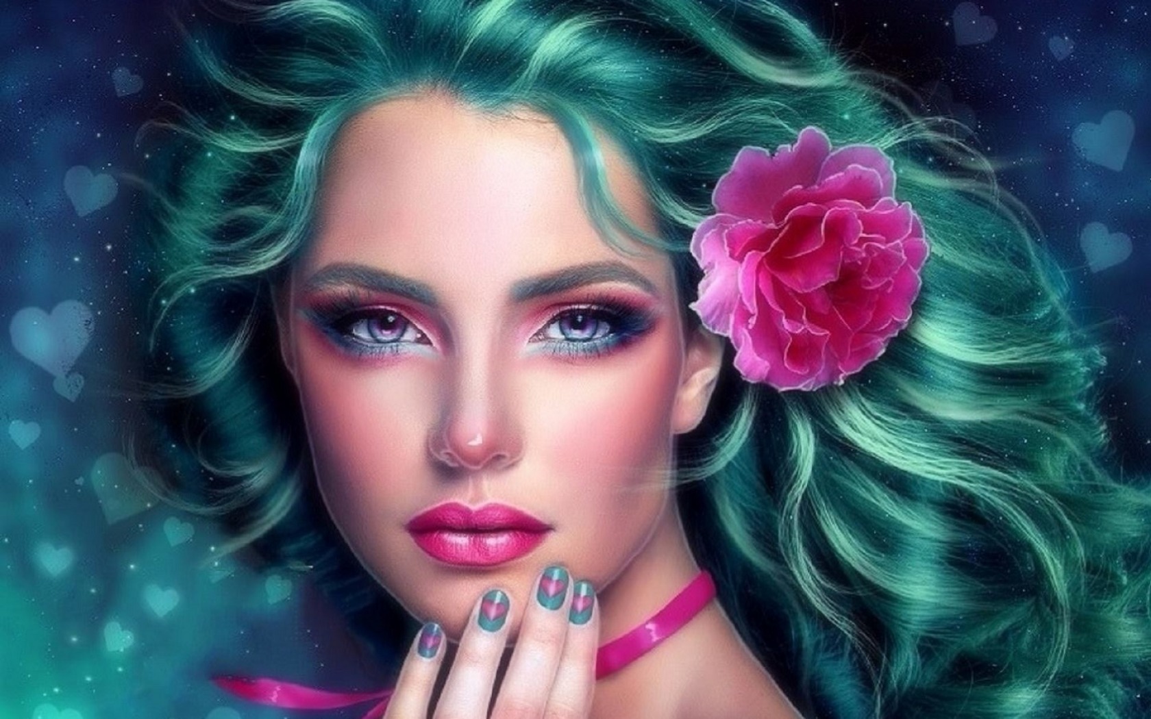 Fantasy Girl Hair Nails Turquoise Woman 1680x1050