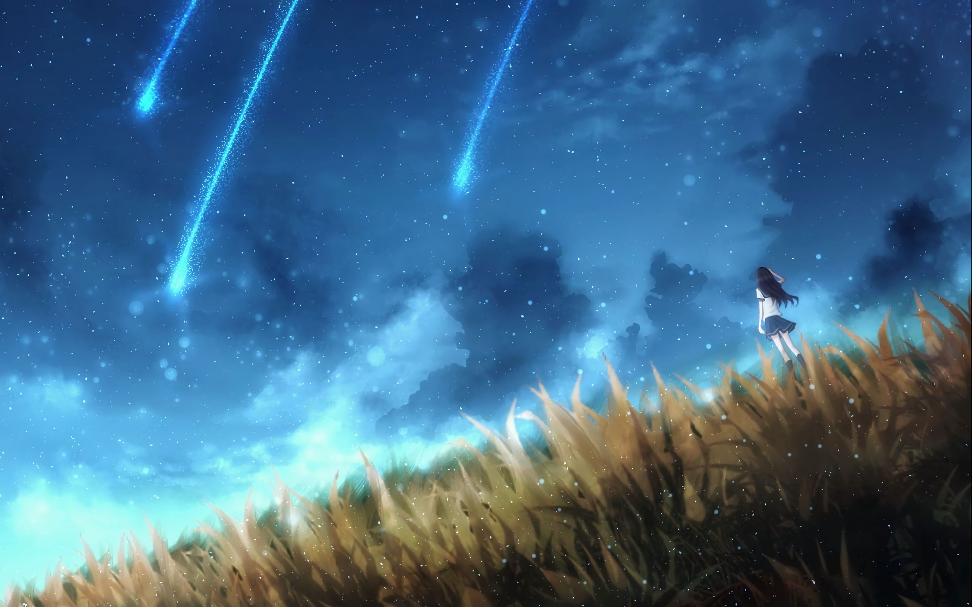 Anime Anime Girls Anime Landscape Moescape Original Characters Alone Isolation Space Meteors Sky Clo 3840x2400