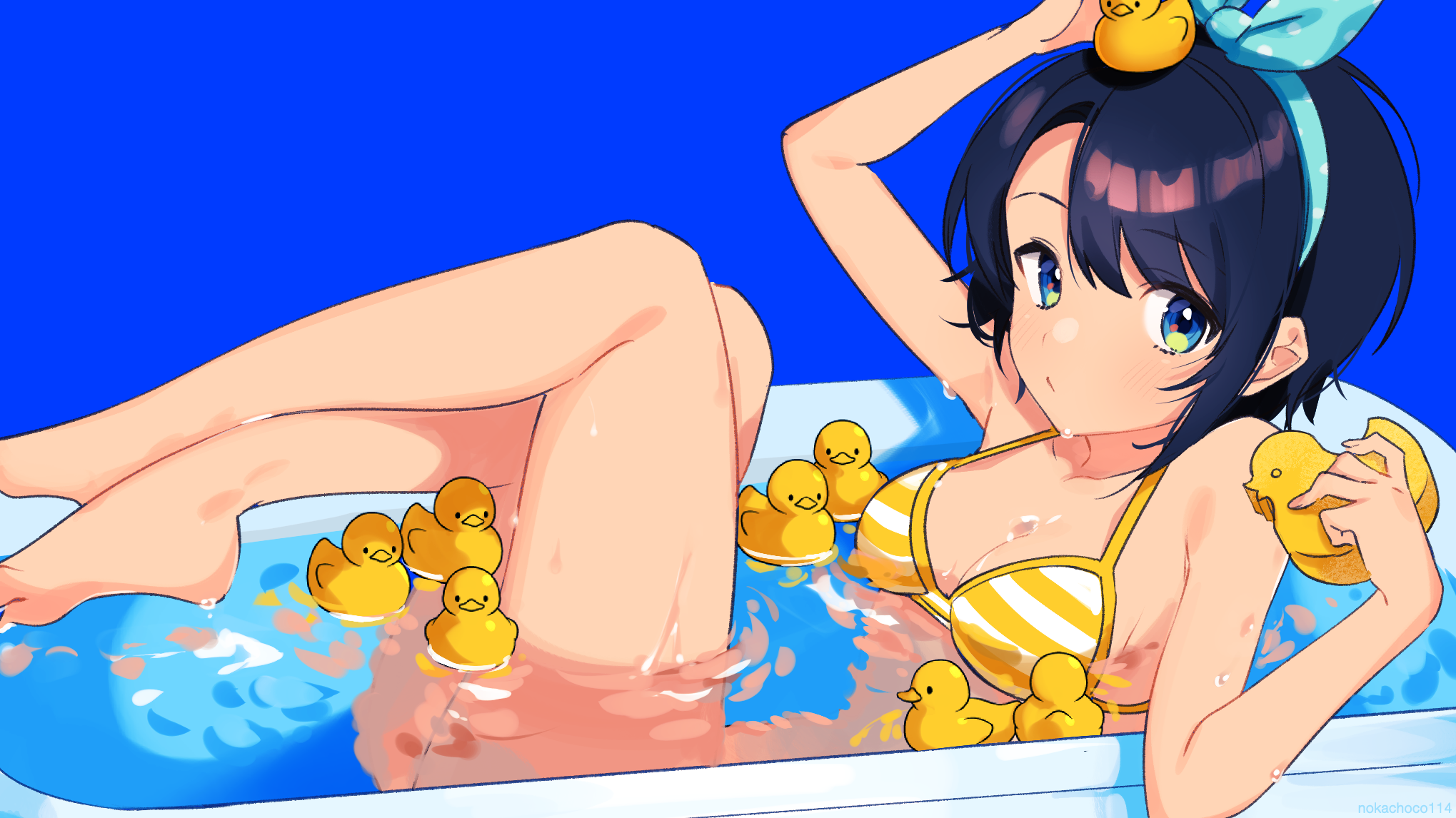 Rubber Ducks Bath Anime Anime Girls Blue Background In Bathtub Blue Eyes Blue Hair Legs Legs Crossed 2039x1146