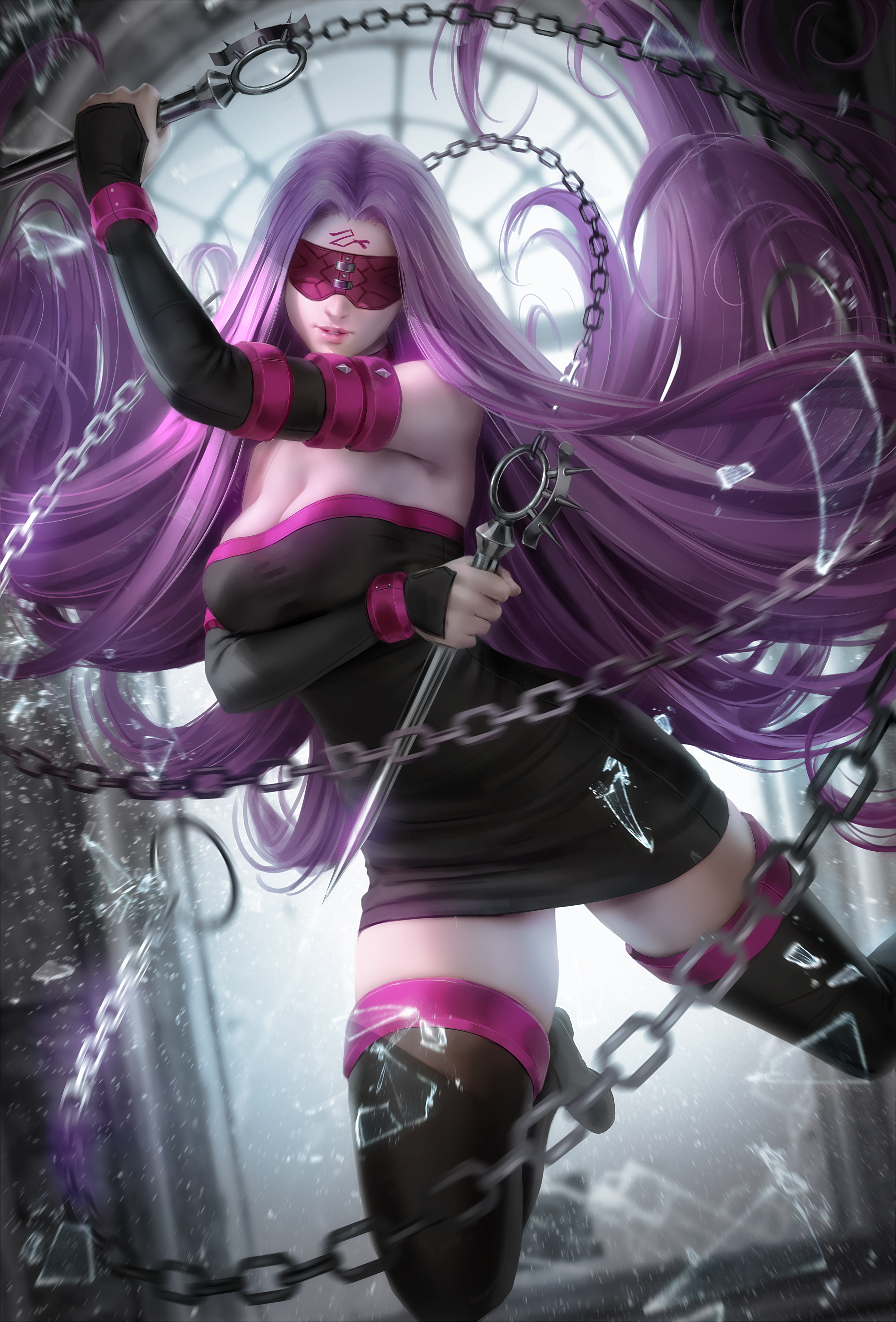 Rider Fate Stay Night Fate Series Anime Anime Girls Purple Hair Long Hair Tattoo Covered Eyes Parted 3390x5000