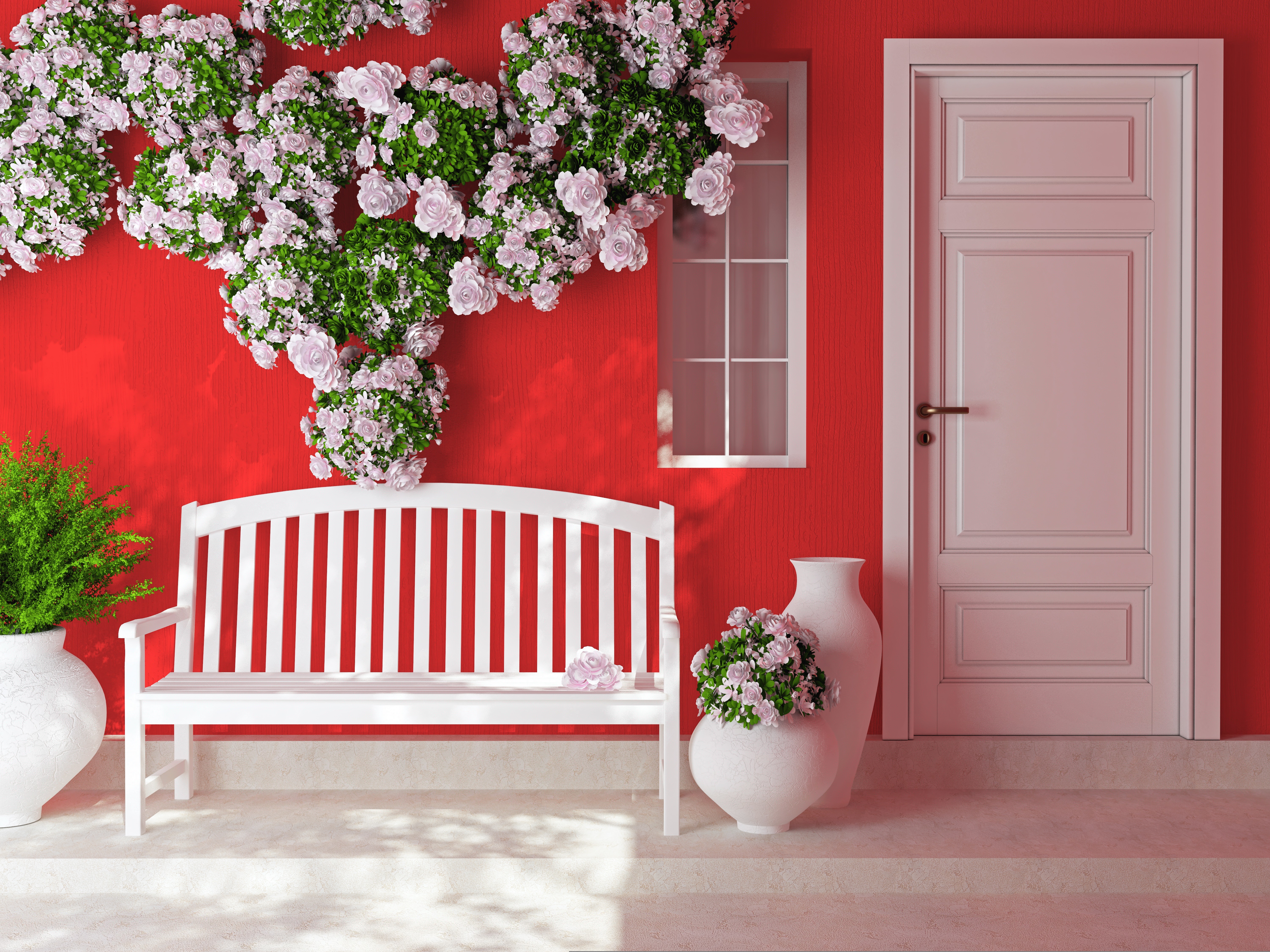 Bench Door Flower Pink Flower Vase 6000x4500