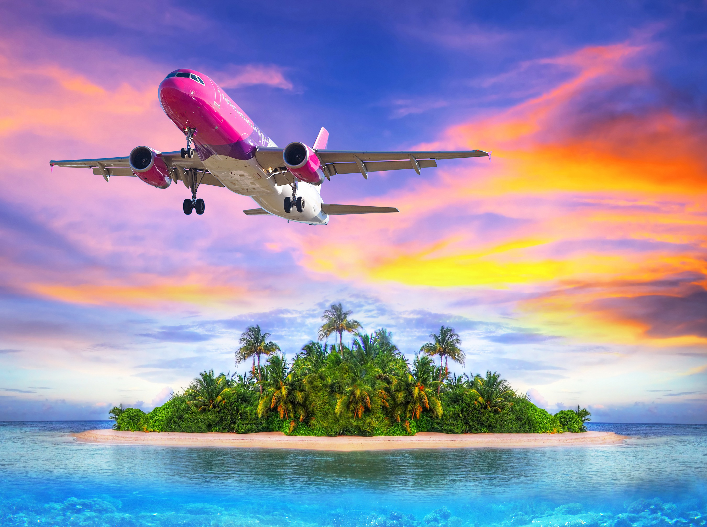 Airbus A320 Airplane Island Ocean Palm Tree Sky Sunset Tropical Orange Color 2700x2010