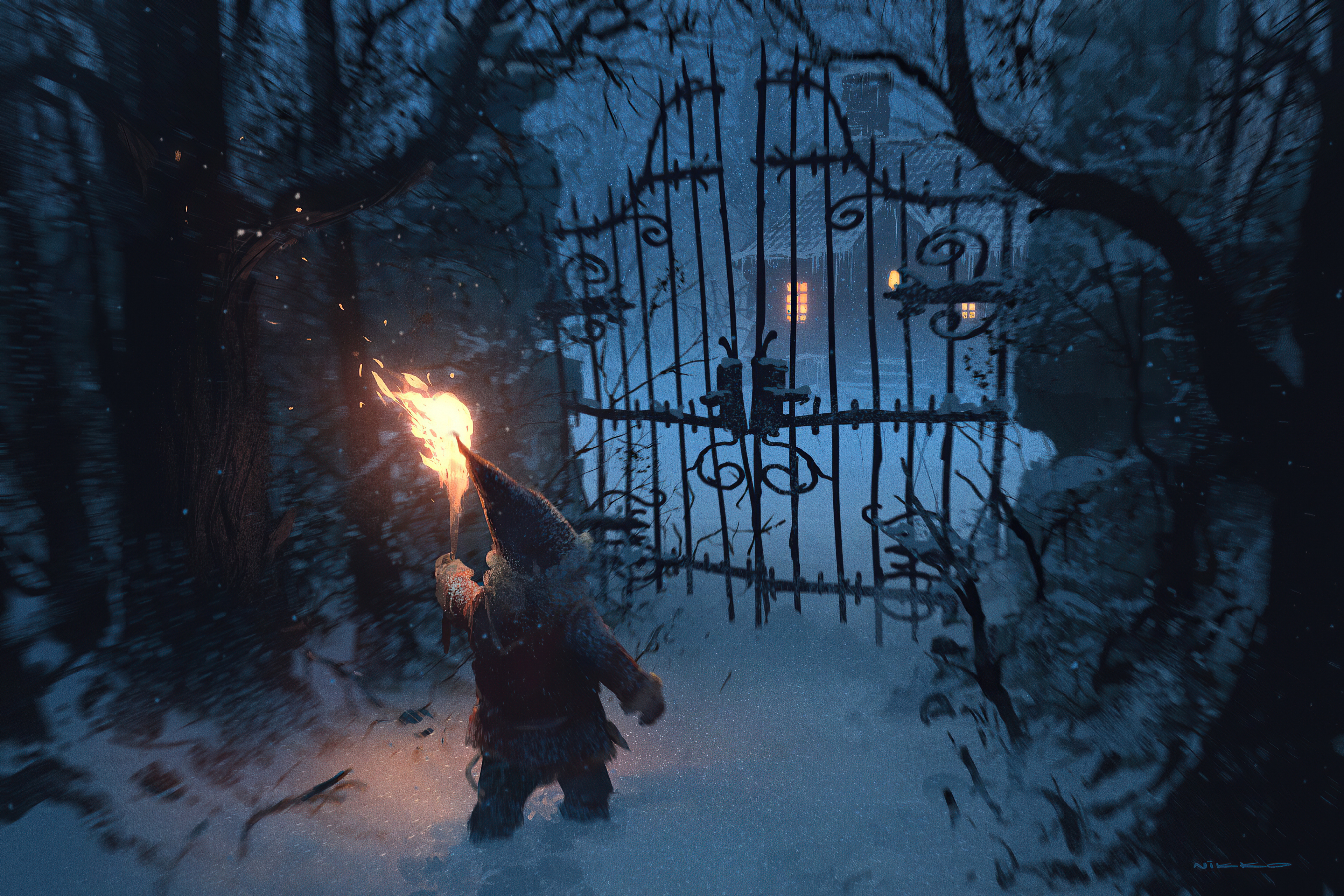 Winter Torches House Night Gates Dwarf Gnomes Snow Snowing Snow Flakes Motion Blur Artwork 2D Fantas 3840x2560