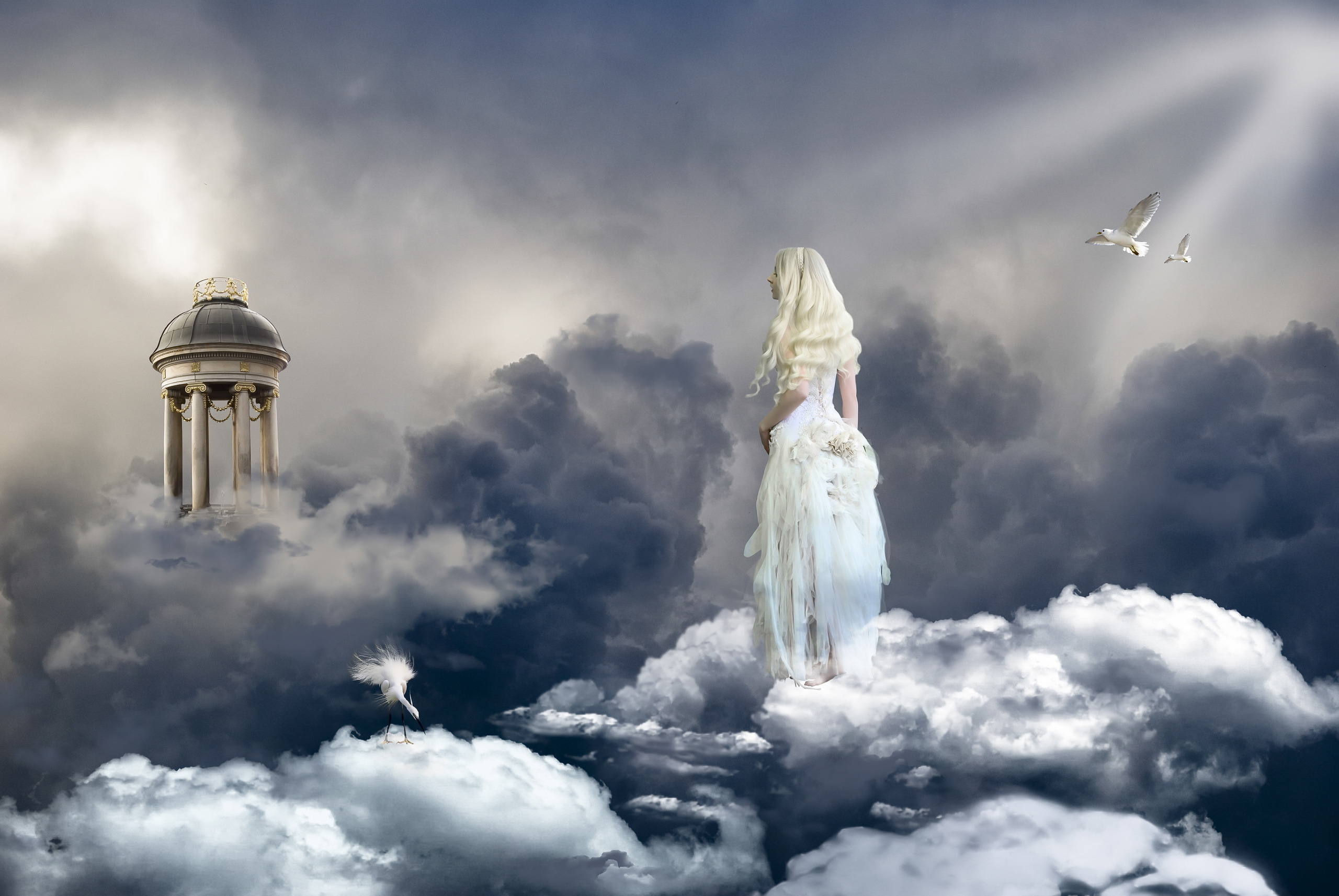 Artistic Blonde Cloud Dove Gazebo Girl White Dress Woman 2560x1714