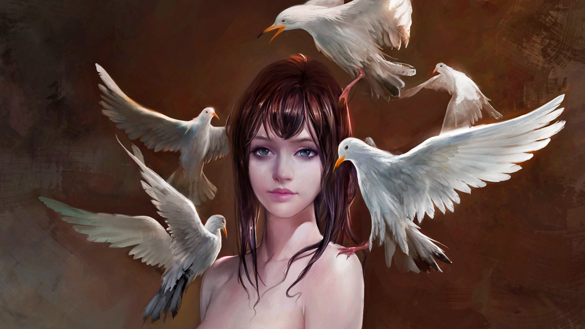 Artistic Bird Brown Hair Dove Fantasy Girl 1920x1080