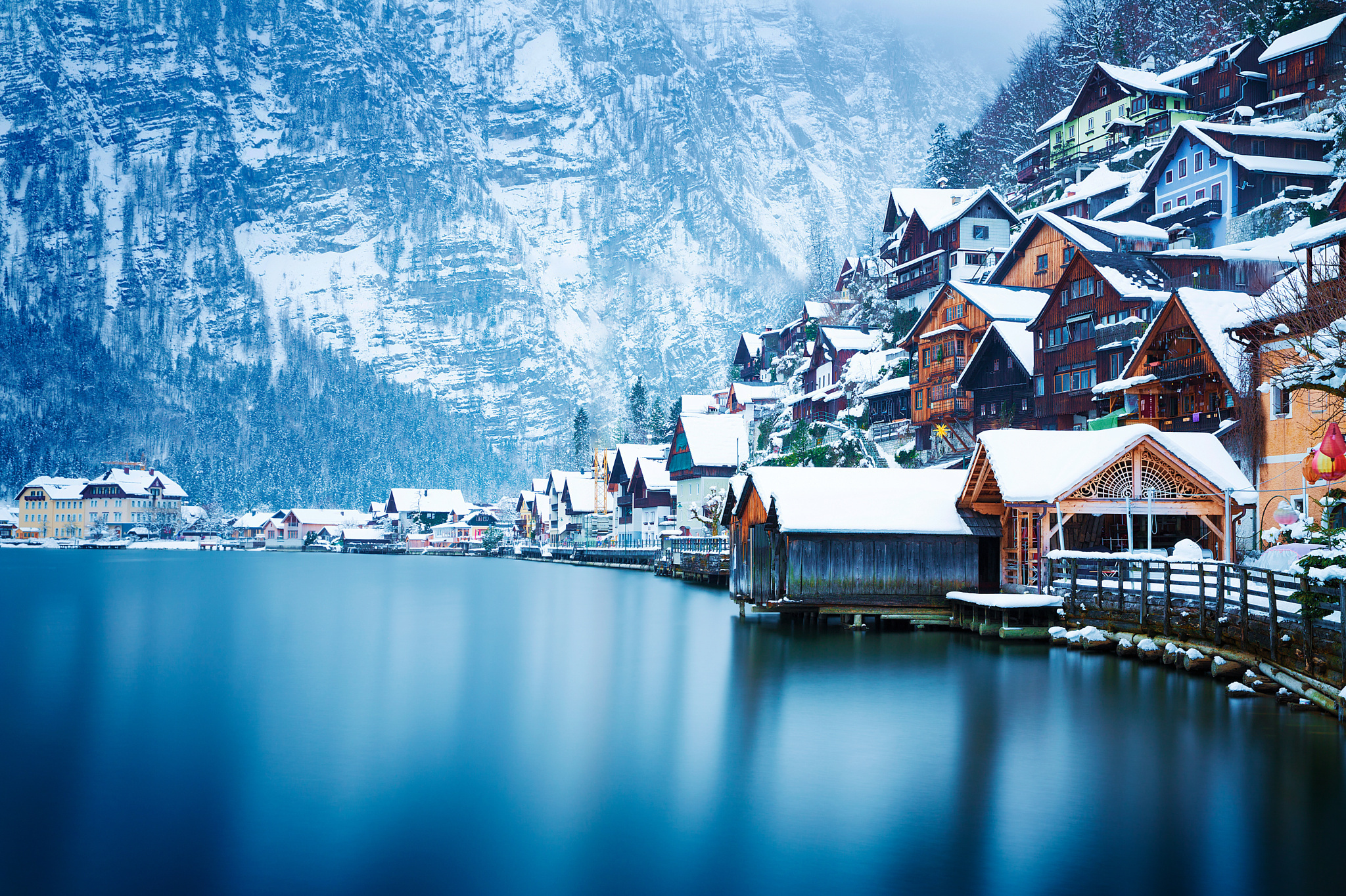 Austria Hallstatt Lake Mountain Snow Village Winter 2048x1365
