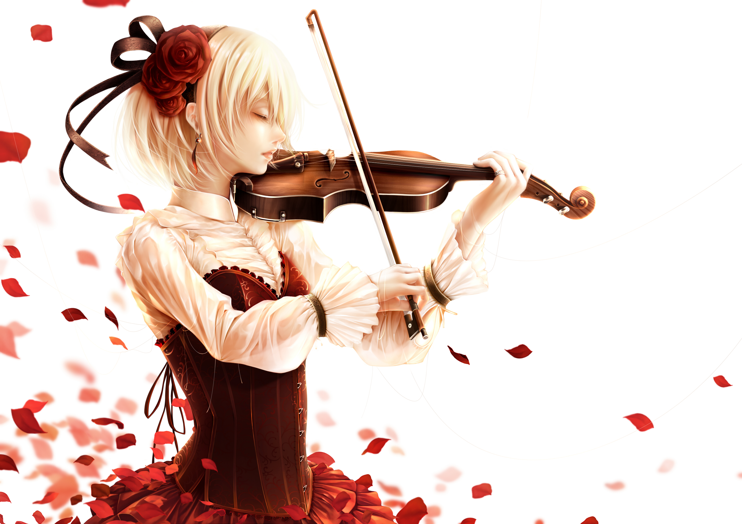 Blonde Girl Petal Red Flower Short Hair Violin Violinist 3000x2121