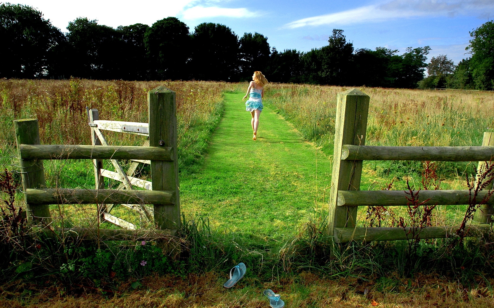 Blonde Dress Fence Girl Path Rear Thongs Woman 1920x1200