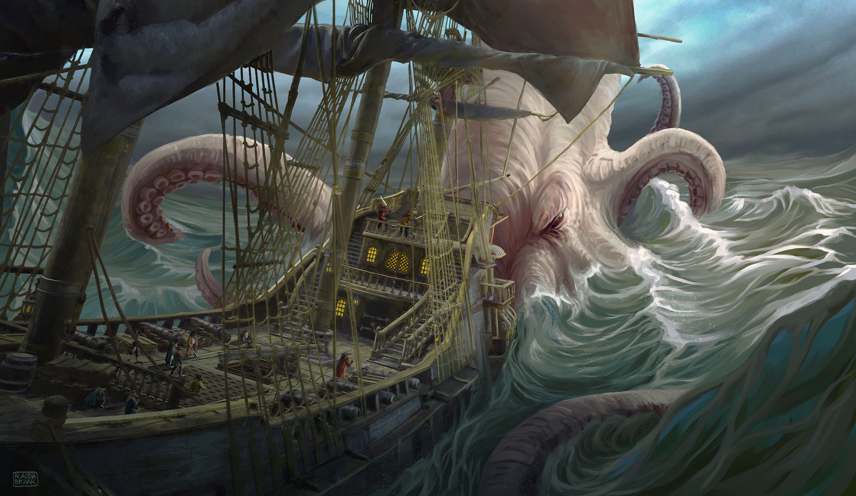 Fantasy Art Kraken Ship Tentacles 3000x1740