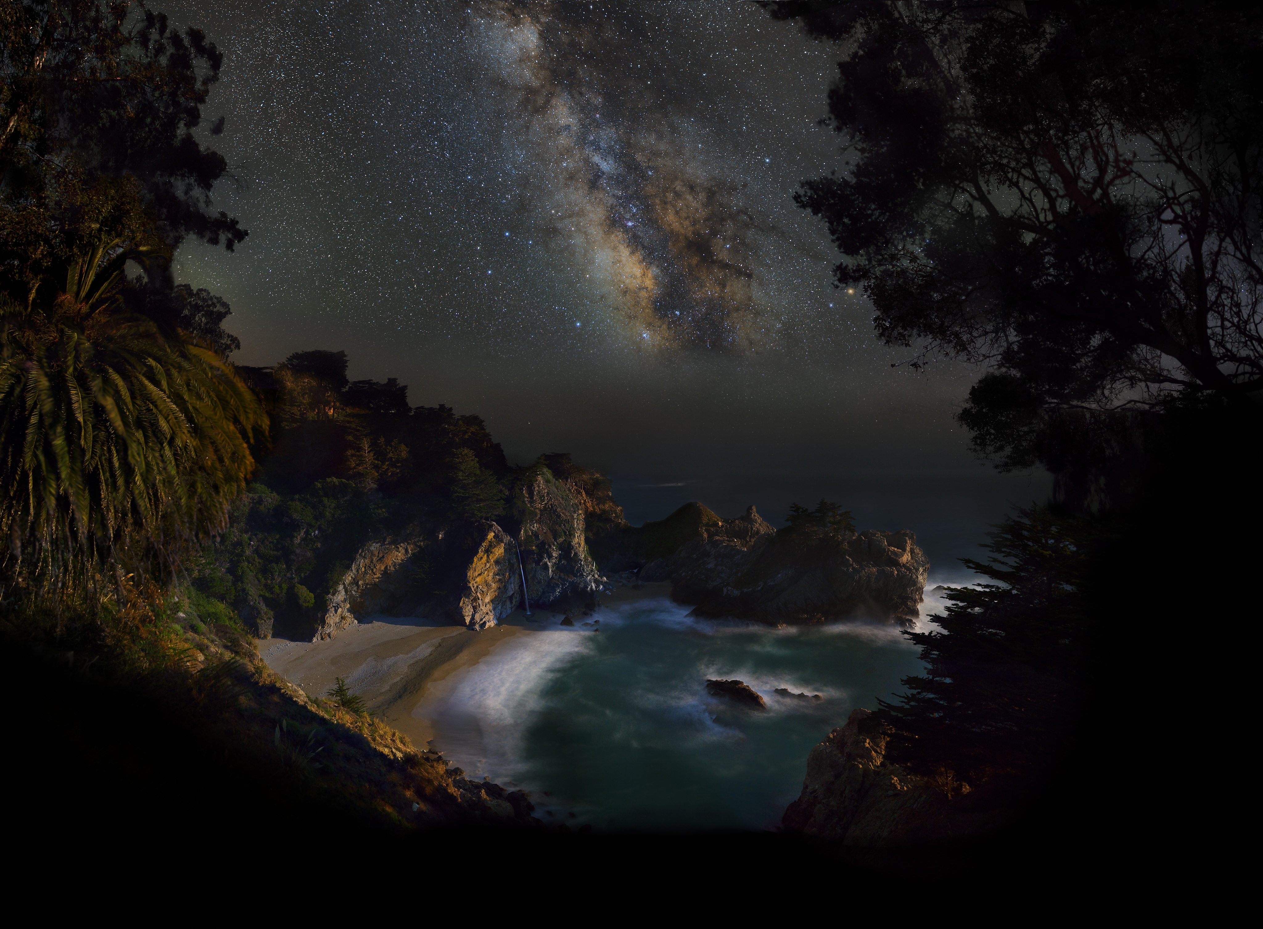 Big Sur California Mcway Falls Milky Way Mountain Night Sky Starry Sky Stars Waterfall 4096x3014