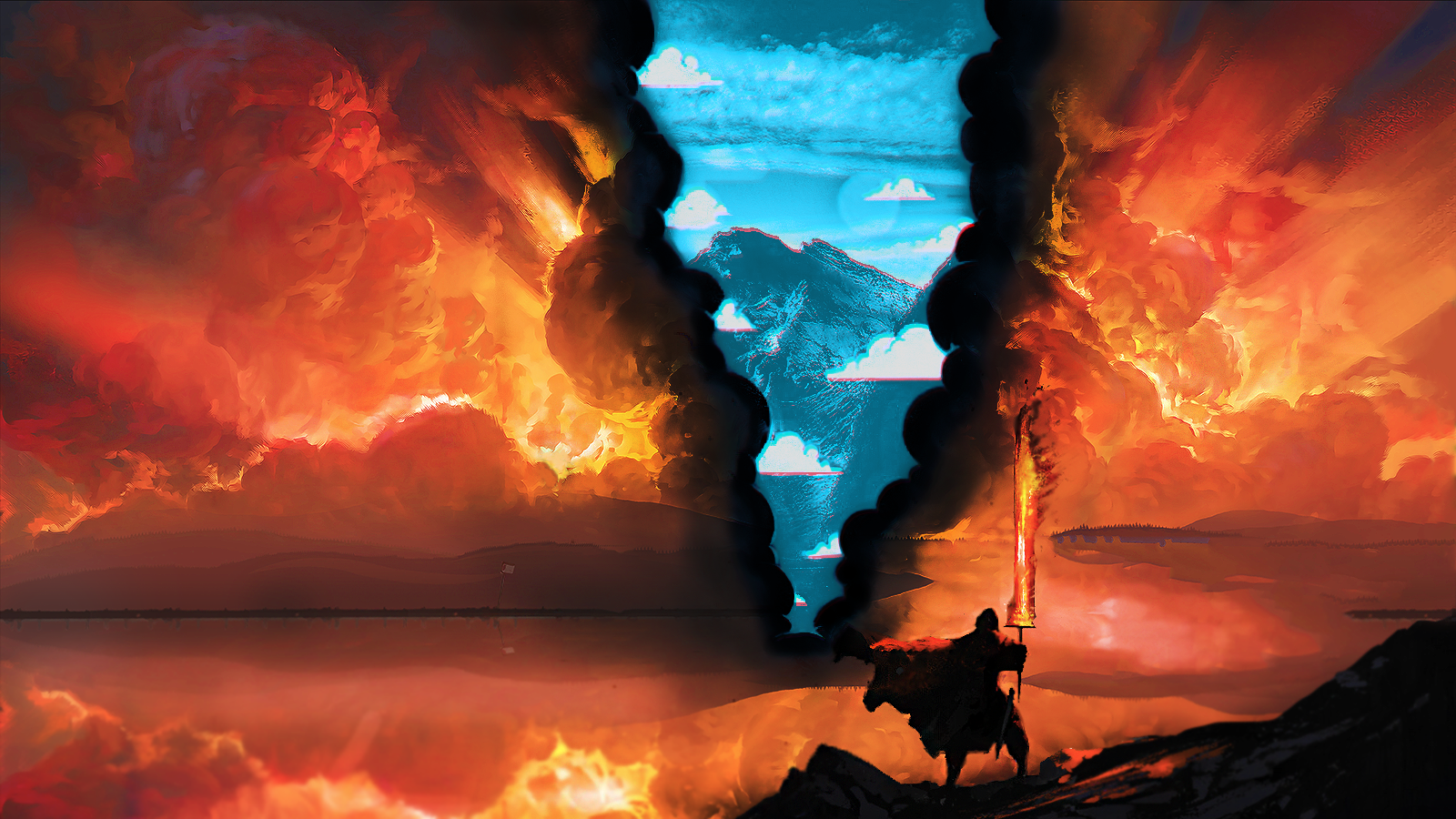 Fire Explosion Lake Mirror The Darkness Digital Digital Art Clouds 1600x900