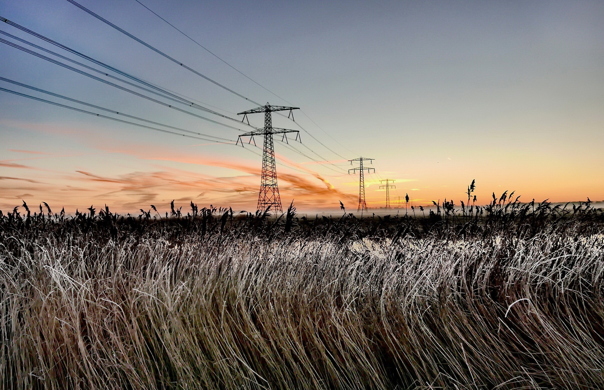 Fog Grass Nature Power Line Sky Sunset 2047x1320