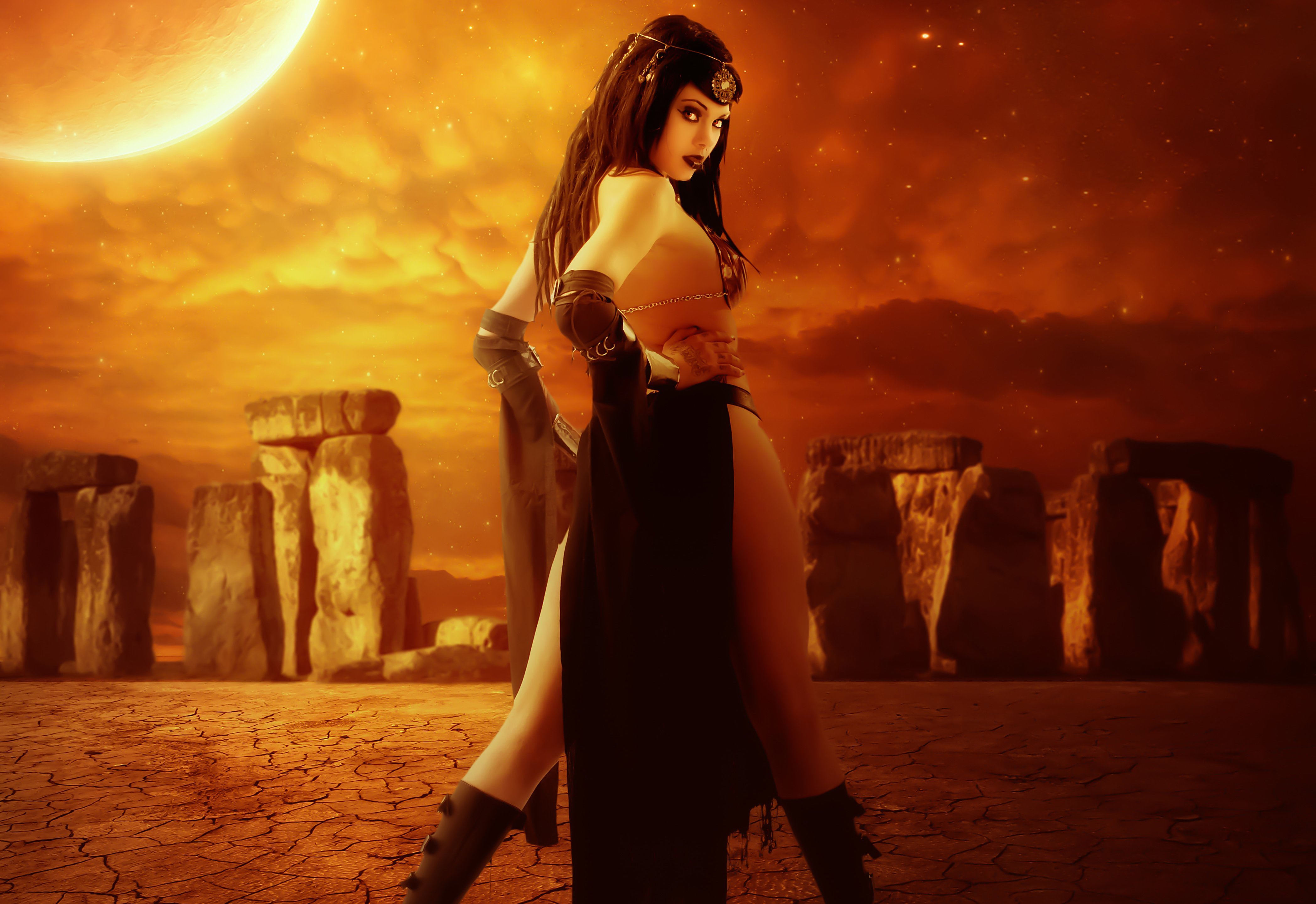 Fantasy Girl Moon Planet Stonehenge Woman 4193x2882