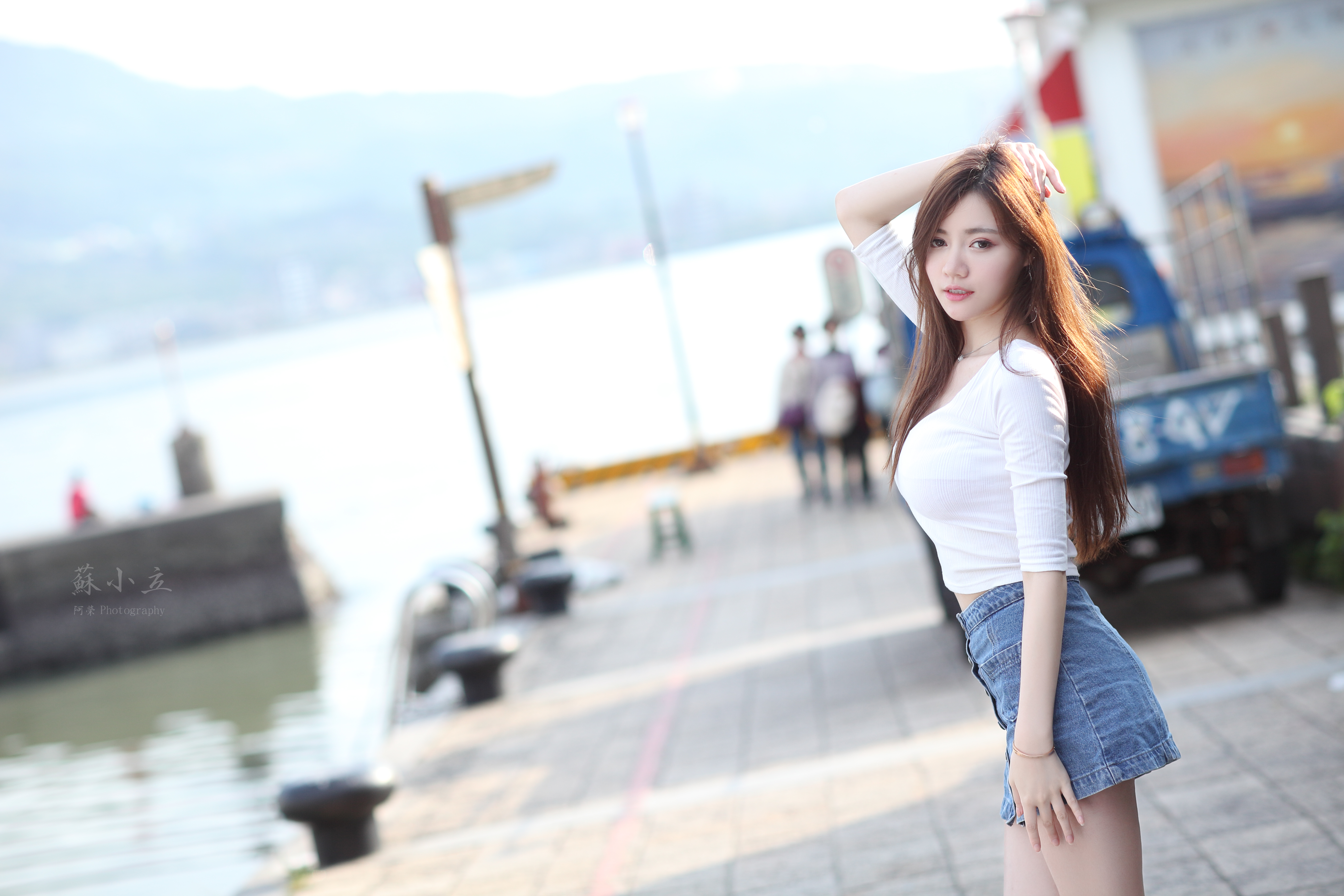 Asian Model Women Long Hair Brunette Jeans Skirt Shirt Pier Trucks 5616x3744