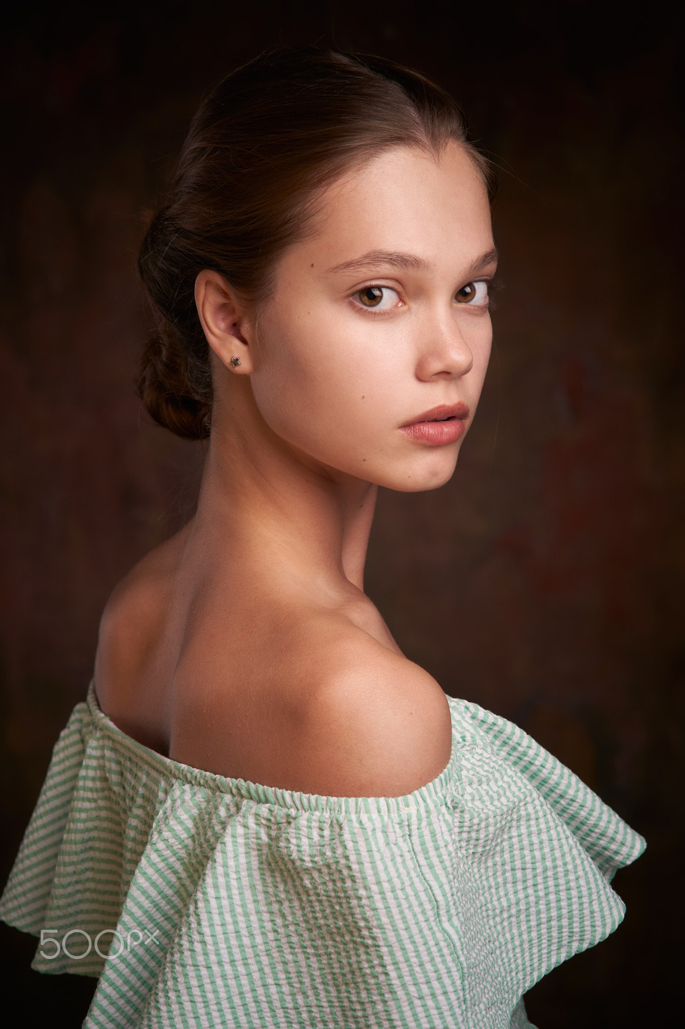 Alexander Vinogradov Women Brunette Hairbun Portrait Looking At Viewer Dress Bare Shoulders