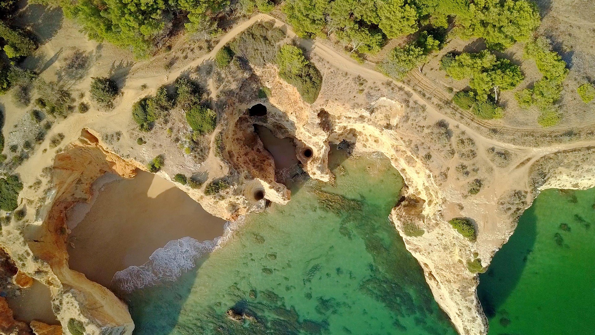 Plants Water Rocks Path Trees Clear Water Sand Aerial Drone Photo Shoreline Portugal 1920x1080