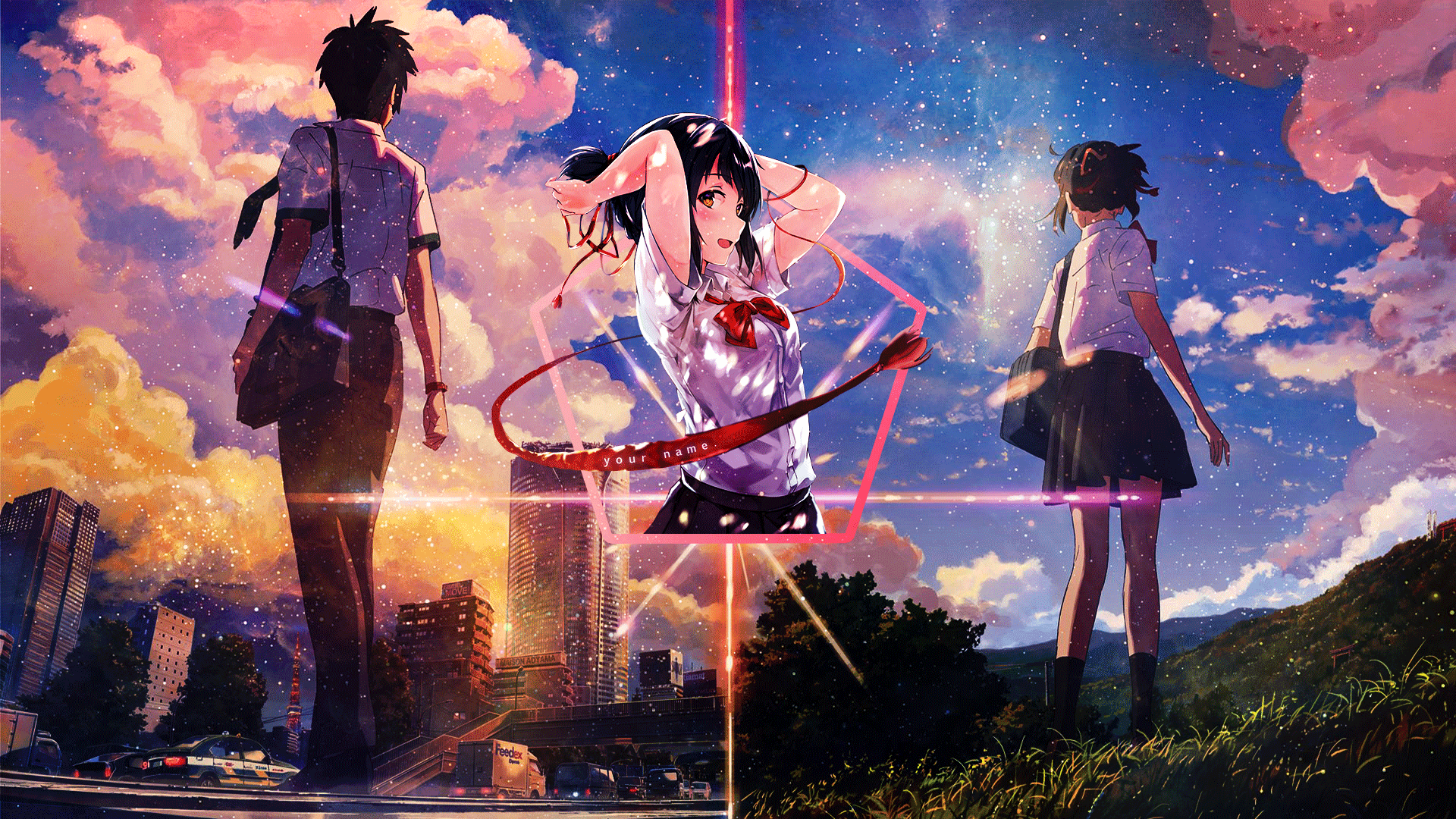 Kimi No Na Wa Wallpaper 3d Anime Anime Girls Colorful Sky Outdoors Arms Up Clouds City Wallpaper Resolution 19x1080 Id Wallha Com