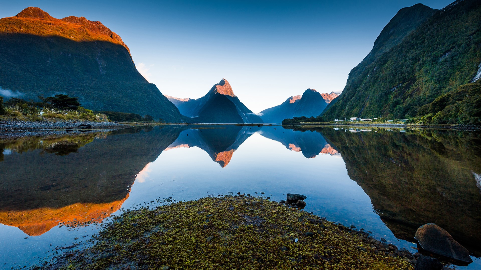 Nature Landscape Mountains Lake Rocks Water Reflection Clear Sky Sunlight House Moss Trees Plants Fi 1920x1080