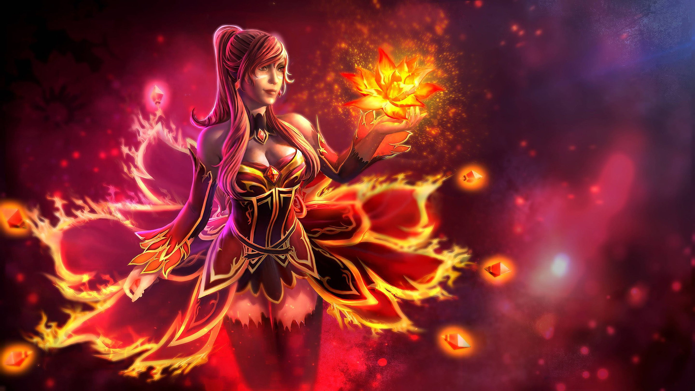 Dota 2 Fantasy Fire Girl Lina Dota 2 Magic Ponytail Video Game Witch Woman 2880x1620