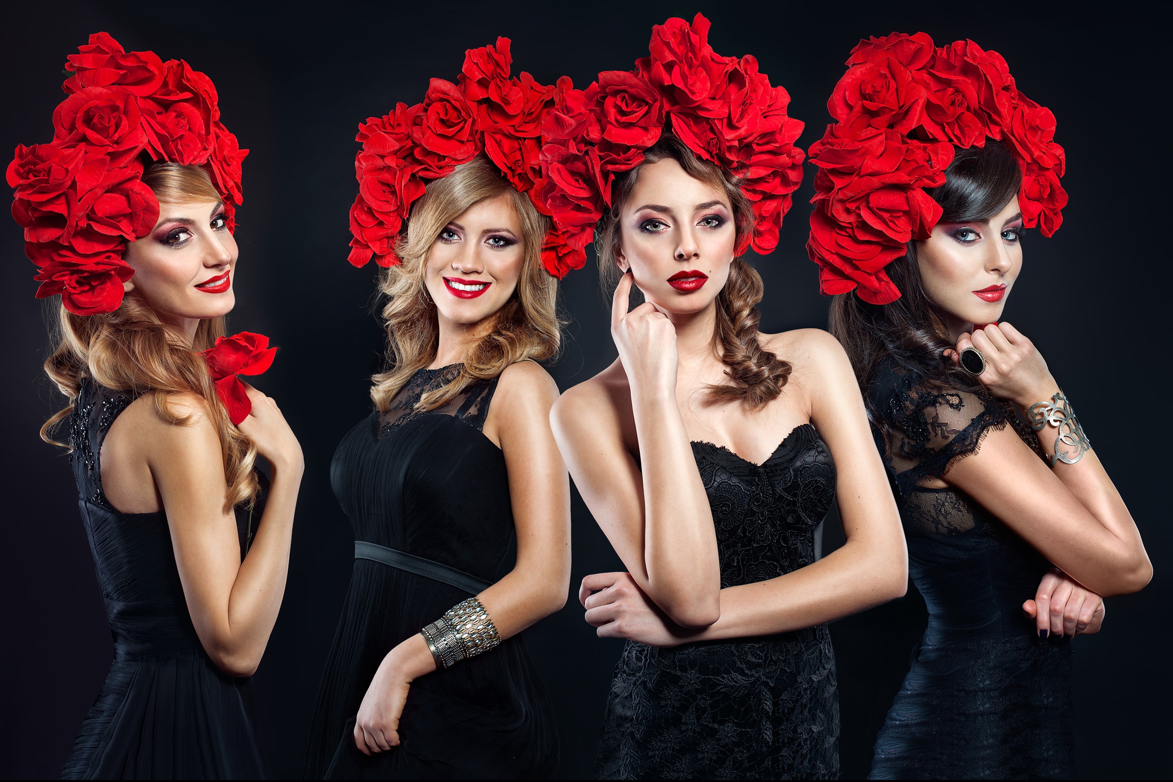 Amadeus Electric Quartet Black Dress Blonde Brunette Flower Girl Lipstick Singer Smile Woman Wreath 2299x1534
