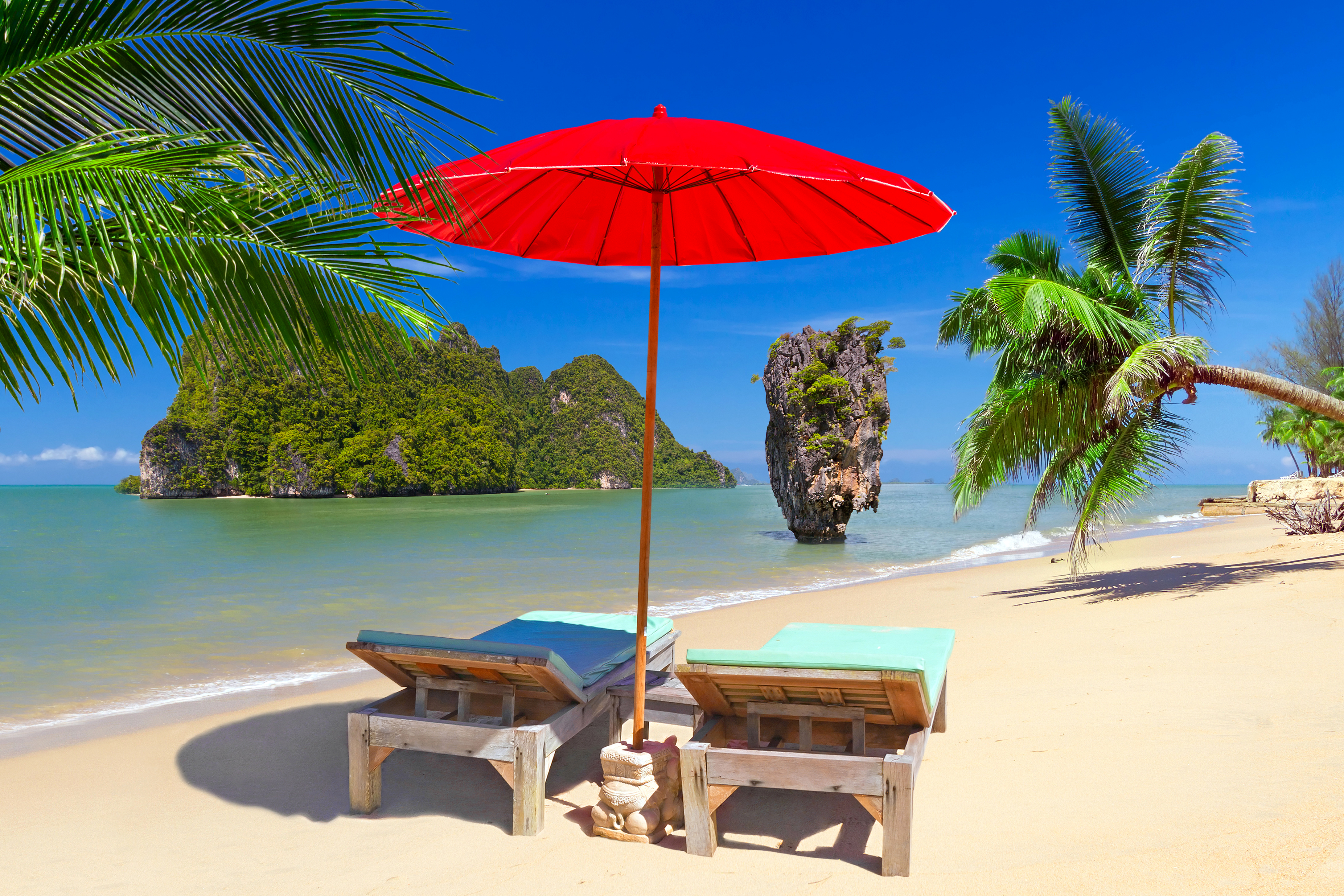 Beach Chair Ocean Palm Tree Rock Thailand Tropical Tropics Umbrella 4359x2906