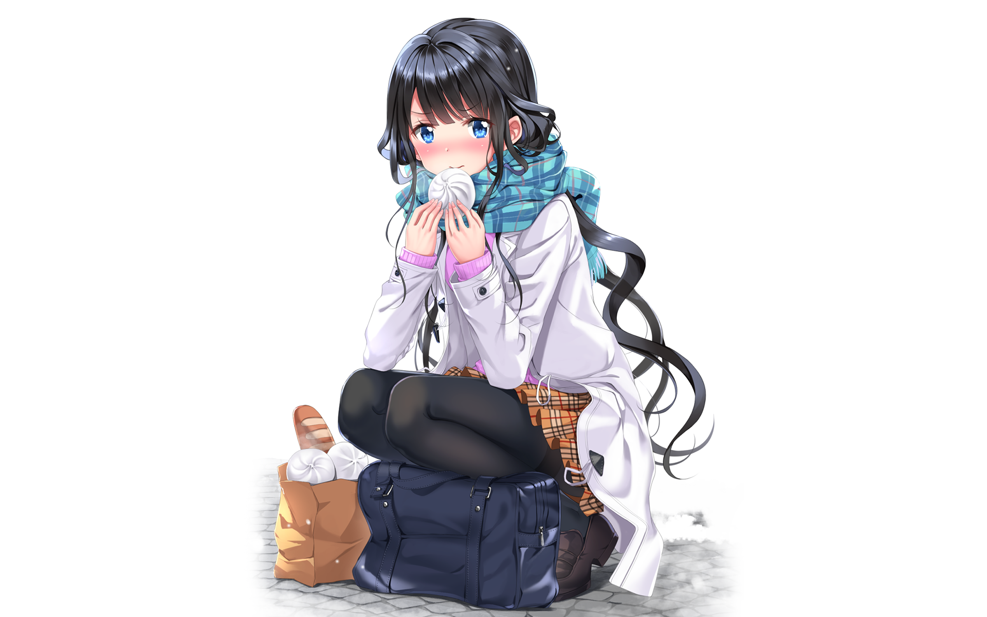 Aki Adagaki Anime Blush Coat Food Girl Pantyhose Scarf Sitting Skirt Smile 1920x1200