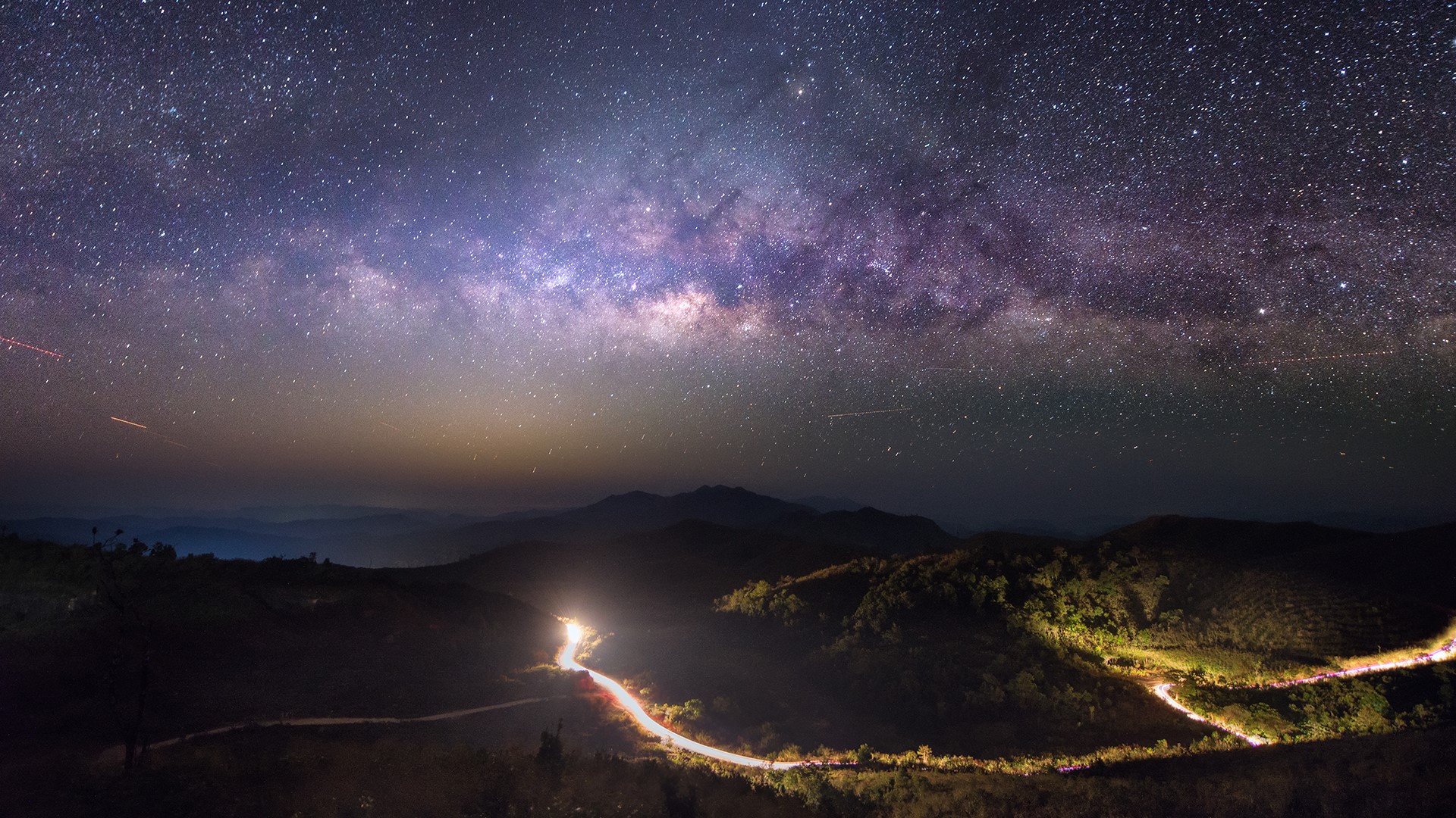 Nature Landscape Night Stars Galaxy Mountains Trees Road Long Exposure Shooting Stars Far View Milky 1920x1080