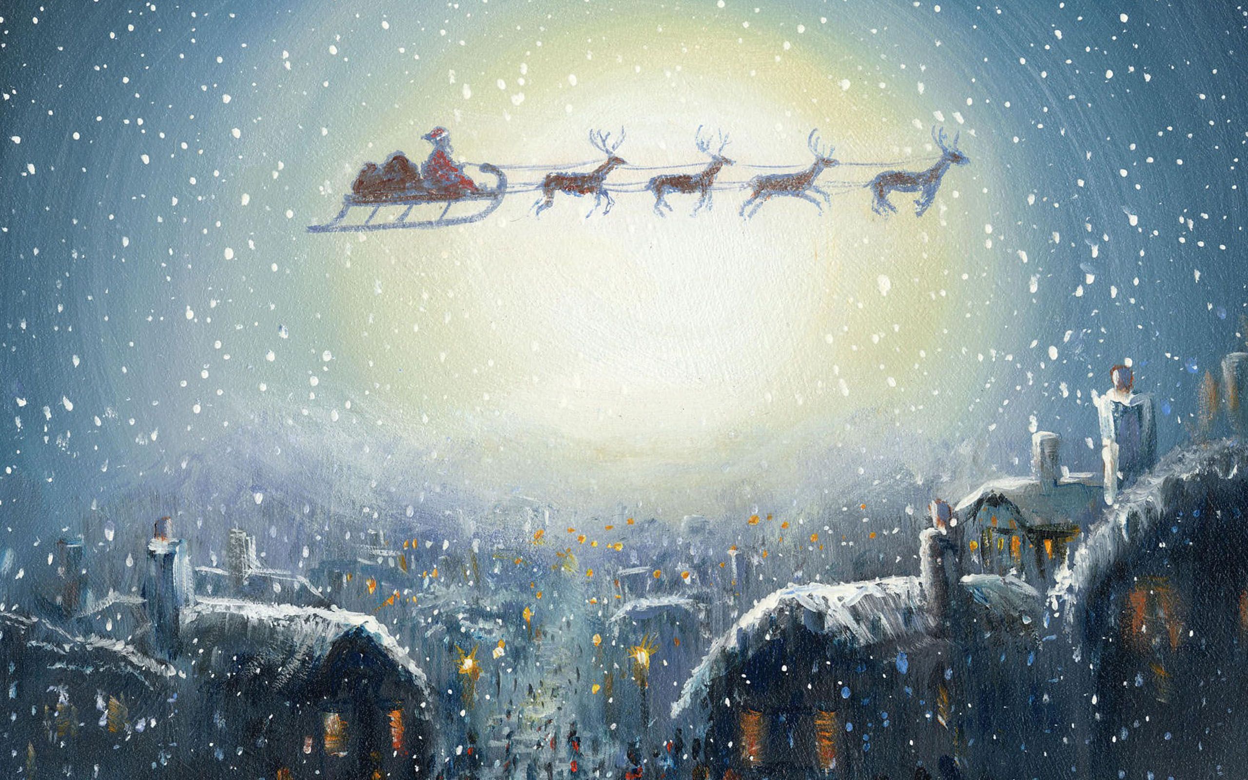 Christmas Painting Reindeer Santa Sleigh 2560x1600