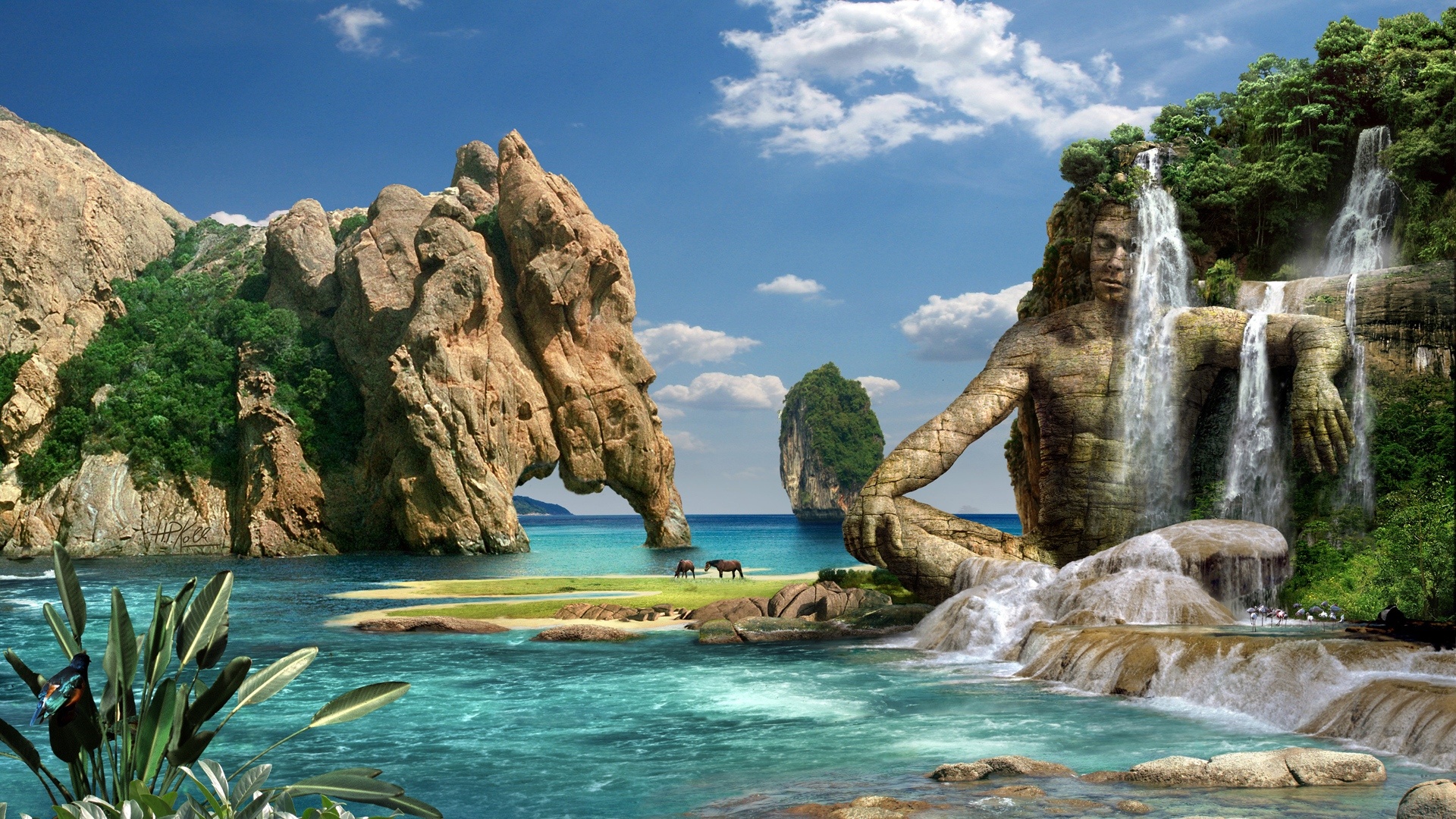 Bay Statue Tapu Thailand Tropics Waterfall 1920x1080