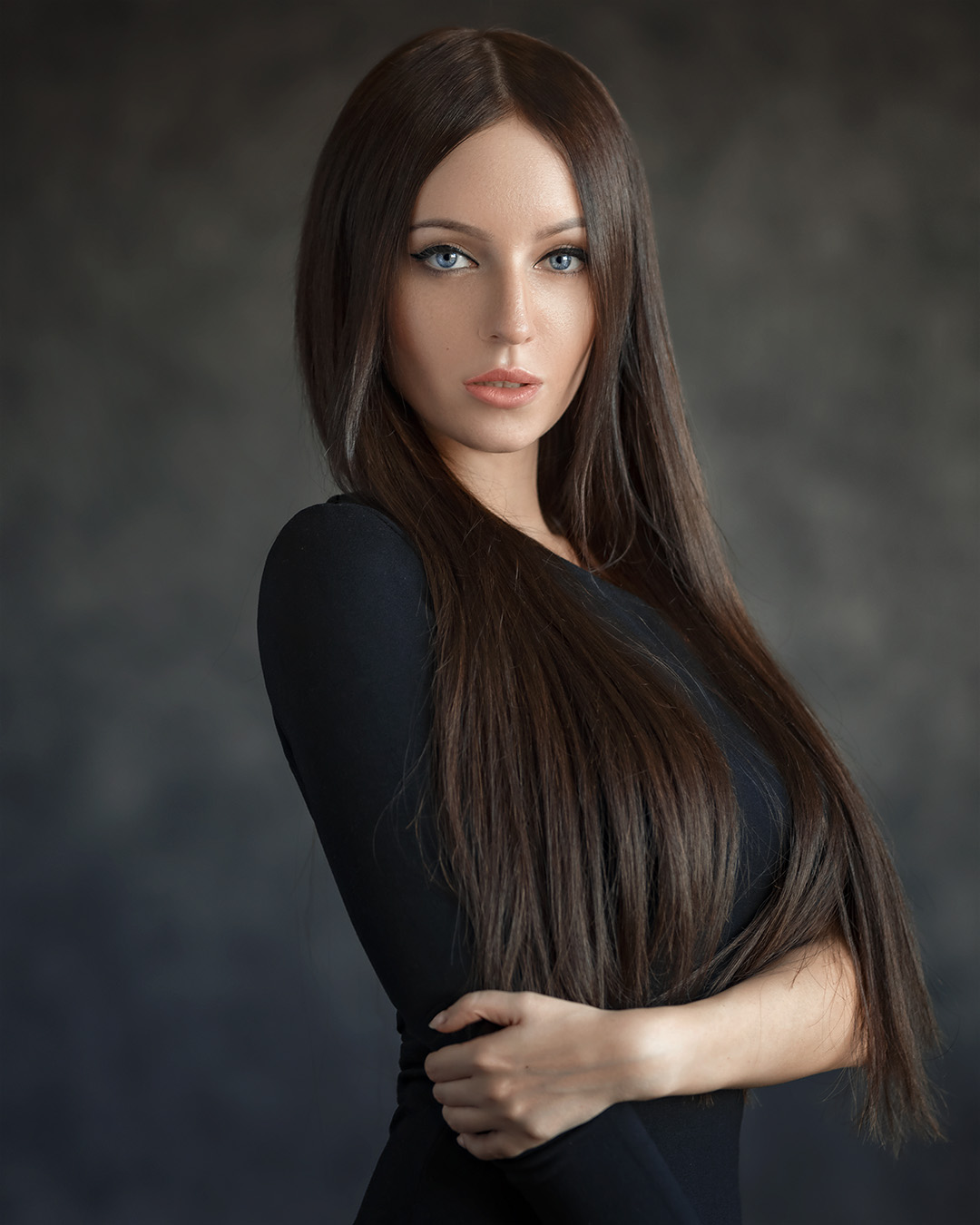 Evgeny Sibiraev Women Brunette Long Hair Makeup Blue Eyes Eyeliner Blouse Black Clothing