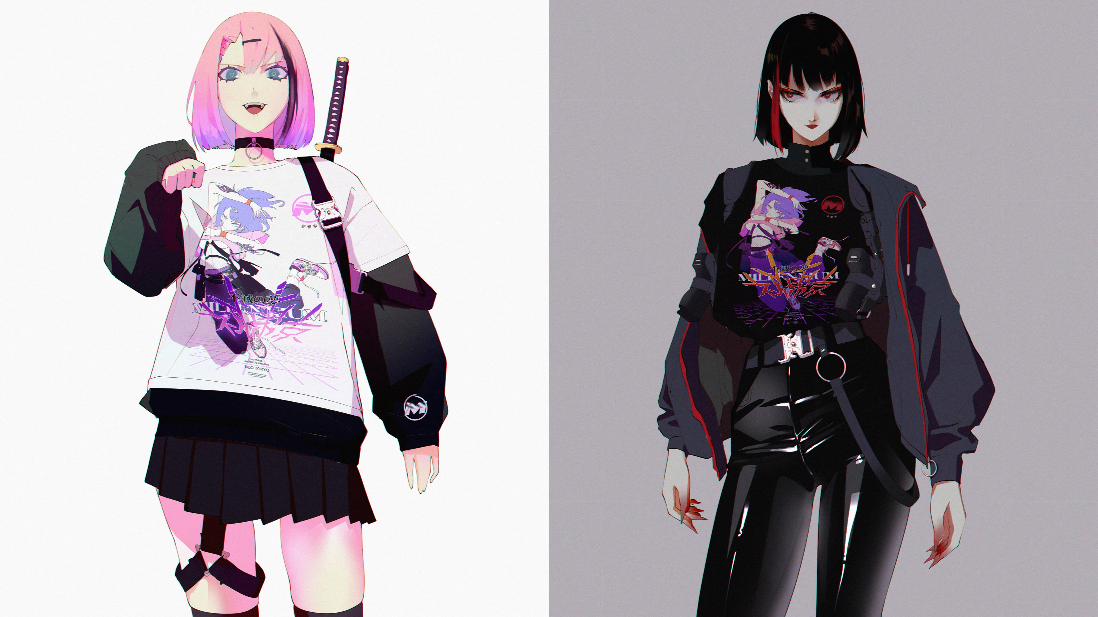 Anime Anime Girls Digital Art Pink Hair Black Hair Choker Sword Jacket Long Sleeves Skirt Thigh High 3840x2160