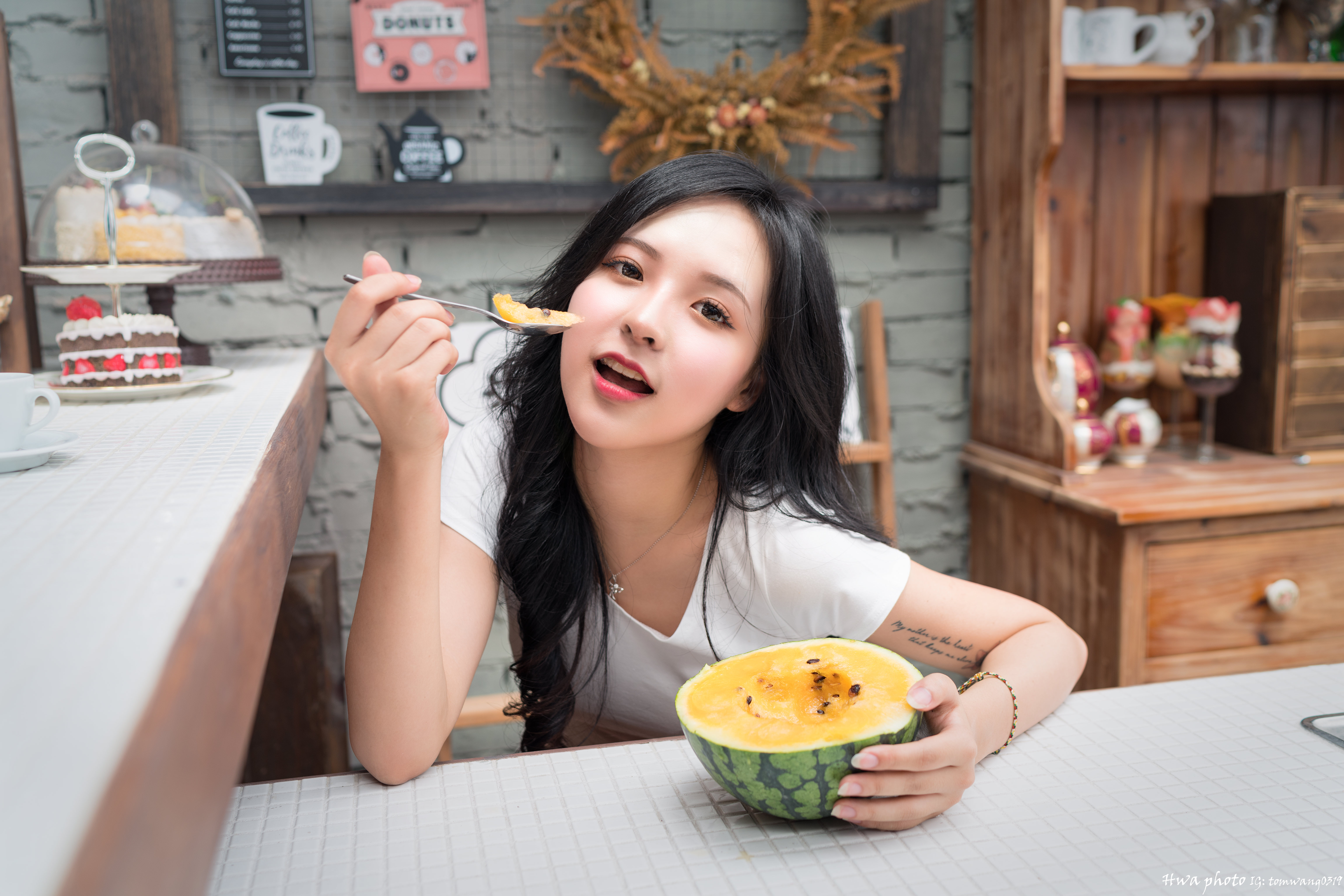 Asian Women Model Long Hair Black Hair Eating Spoon Melons Table Cupboard Necklace Bracelets Tattoo  6144x4098