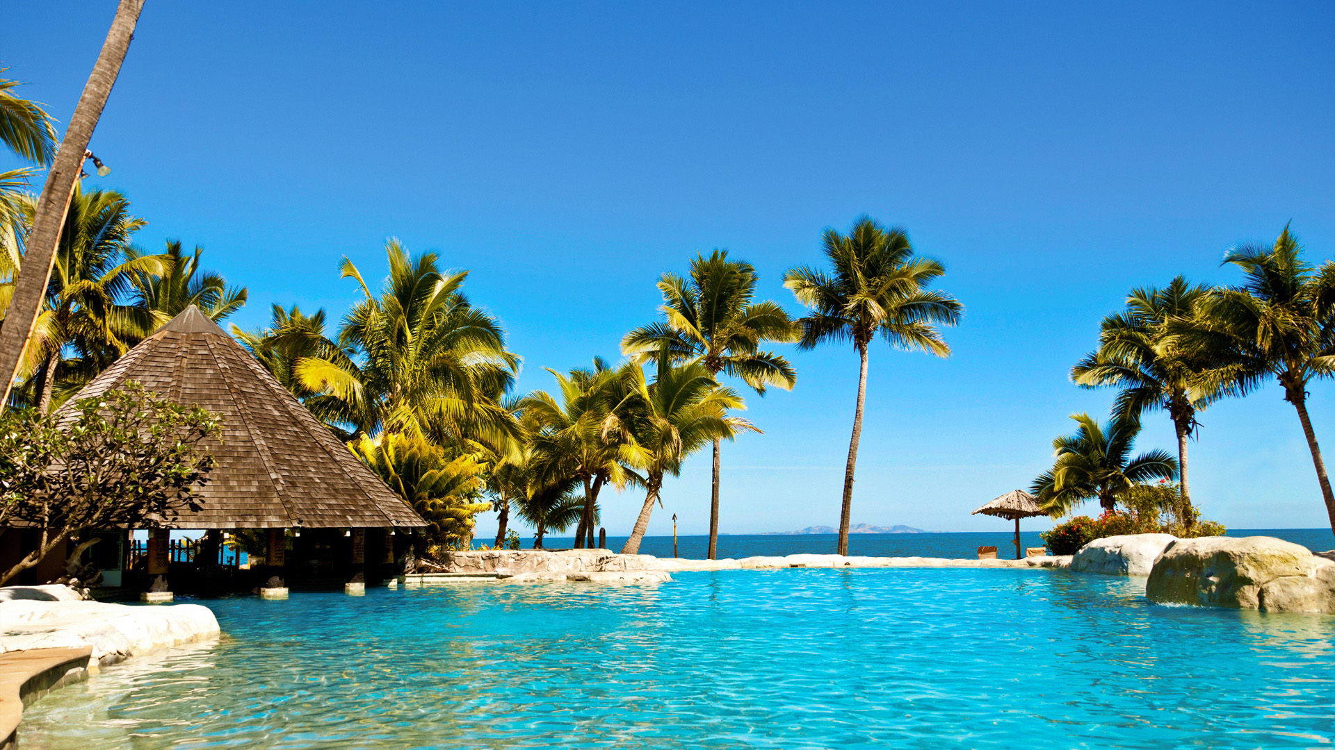 Fiji Ocean Palm Tree Pool Resort Tropical Turquoise 1920x1080