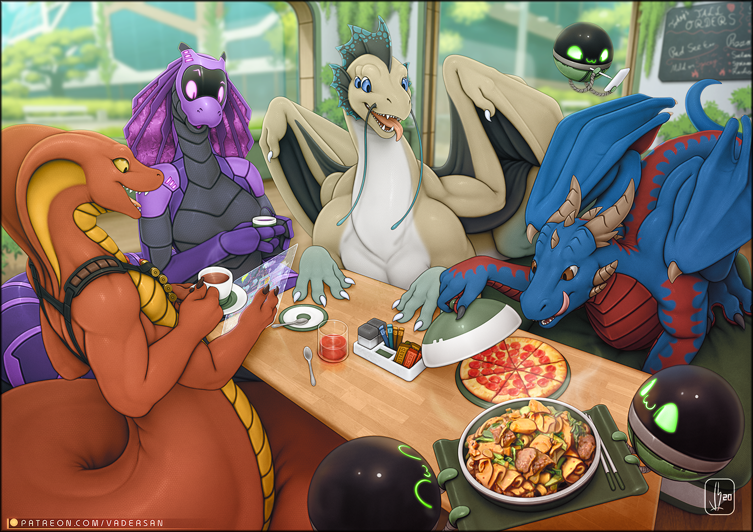 Furry Dragon Fantasy Art Pizza Food Tongue Out Blue Skin Restaurant 1500x1061