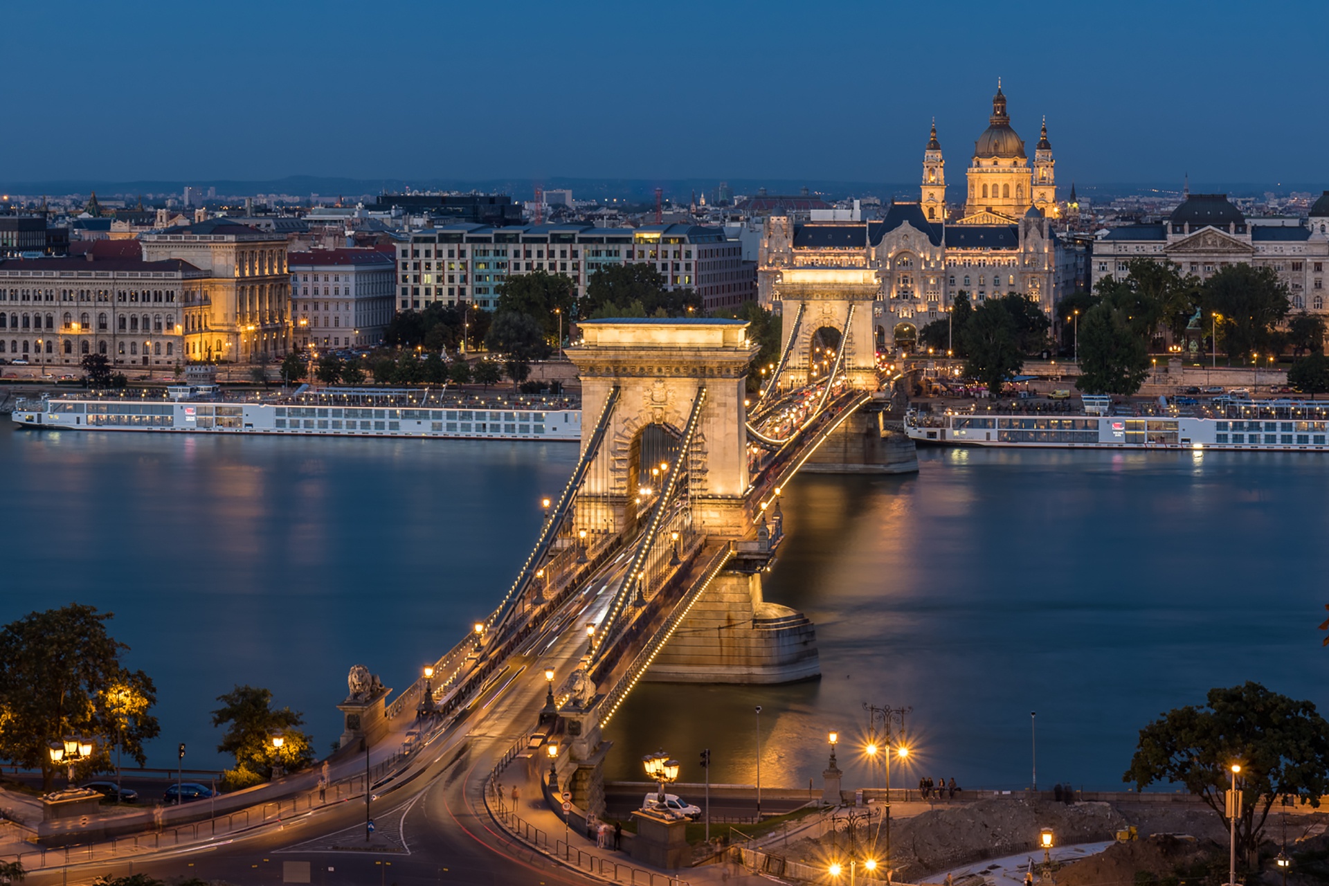 Bridge Budapest Chain Bridge Danube Hungary Night River 1920x1280