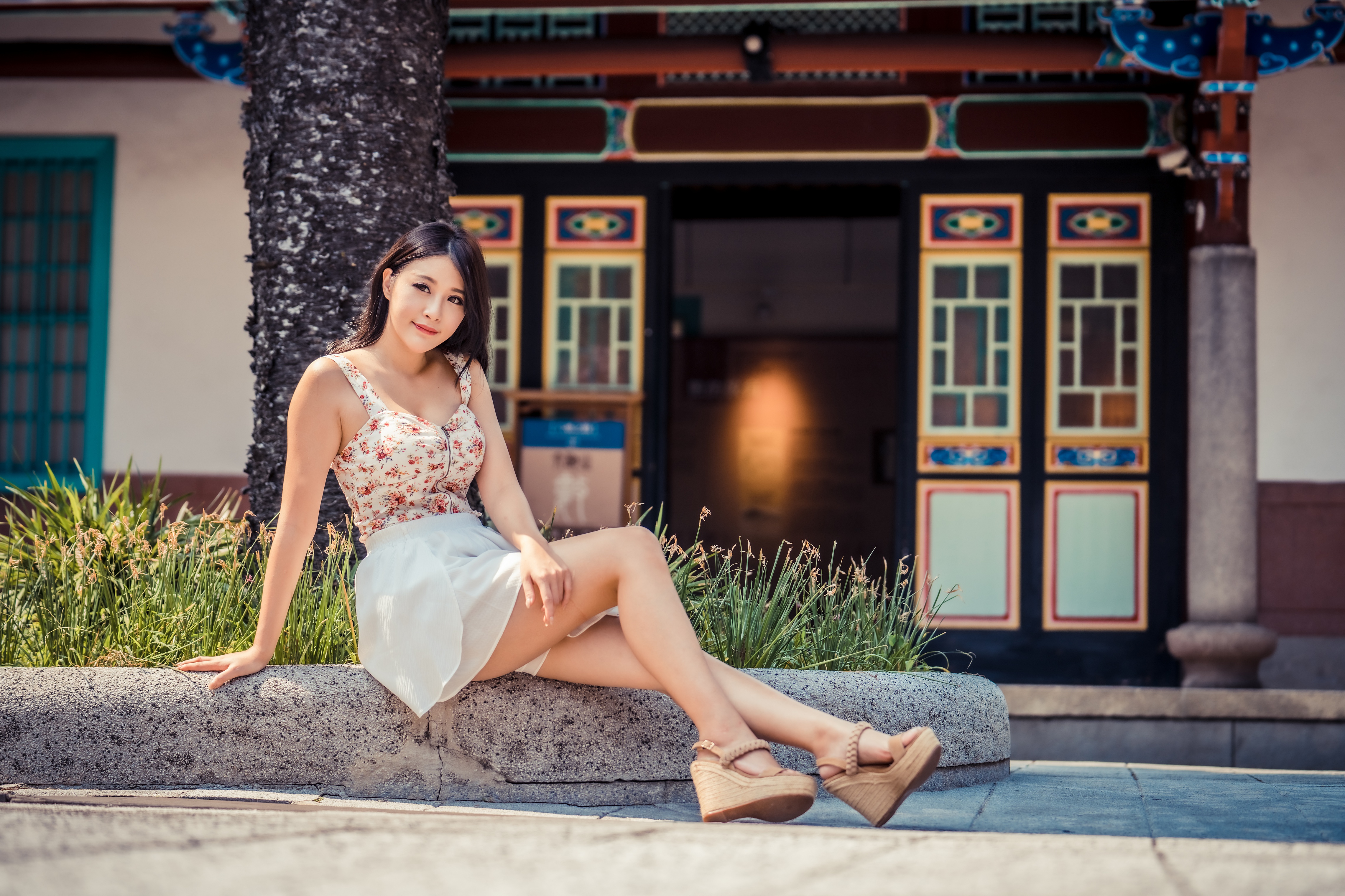 Asian Women Model Long Hair Brunette Sitting Shirt Skirt Platform Shoes Flowers Door Building Women  4562x3041