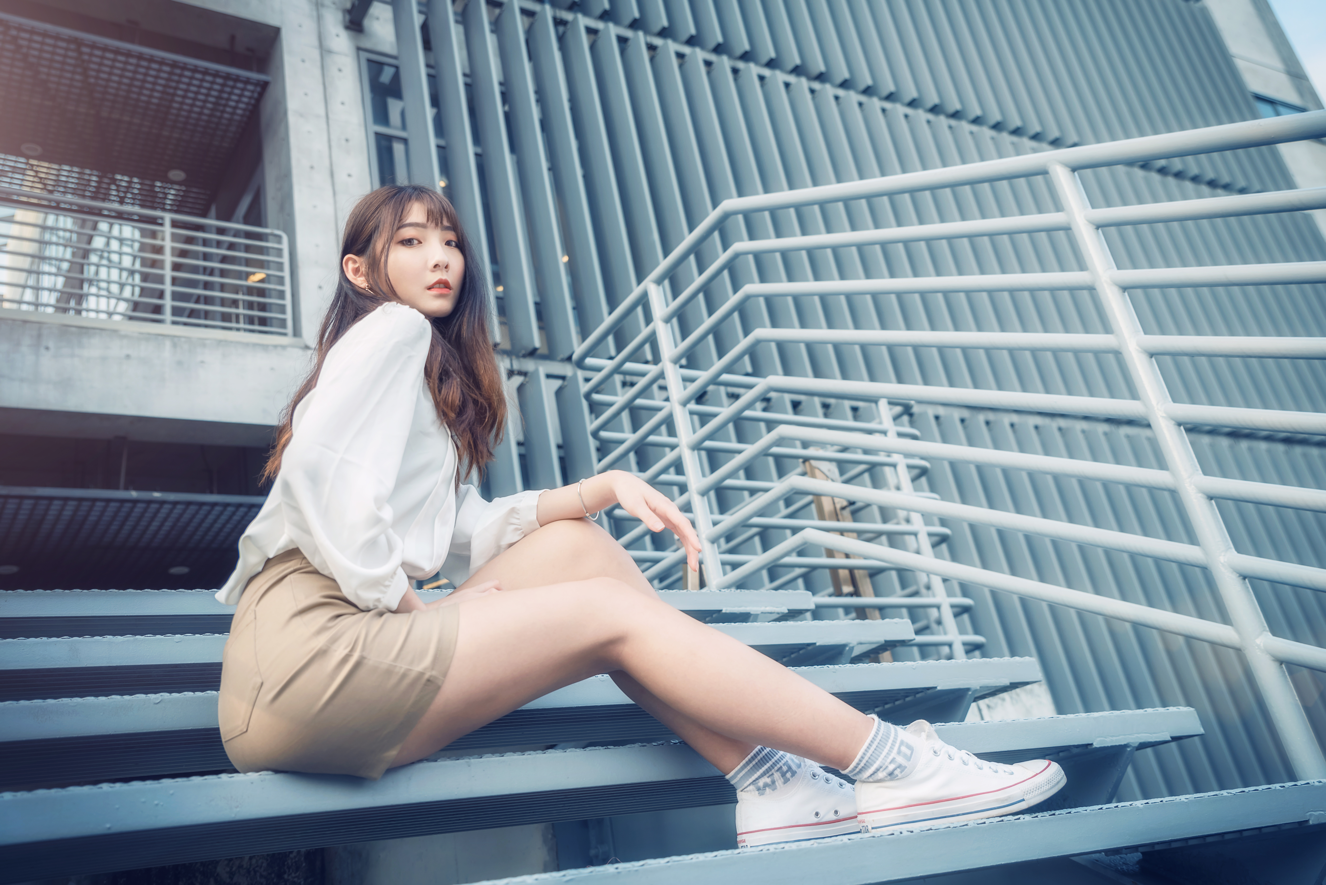 Asian Women Model Long Hair Brunette Sitting Sneakers Stairs Skirt Blouse Short Socks Railing 5575x3722