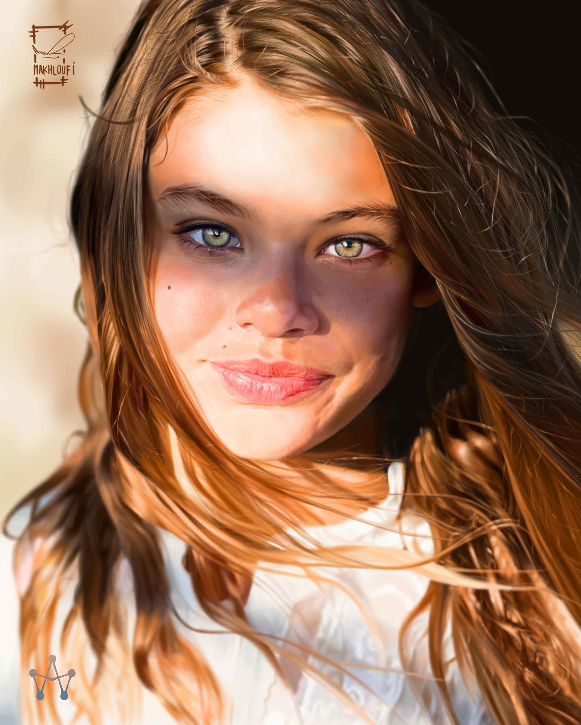Digital Art Illustration Realistic Face Ameur Makhloufi Smiling Lips Lipstick Green Eyes Looking At  1920x2397