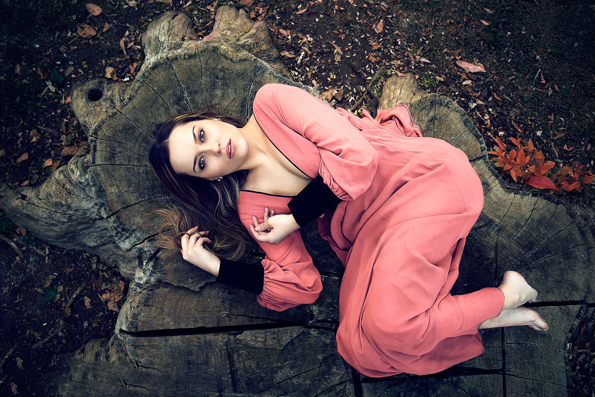 Brunette Girl Lying Down Model Mood Outdoor Pink Dress Stump Woman 2048x1365