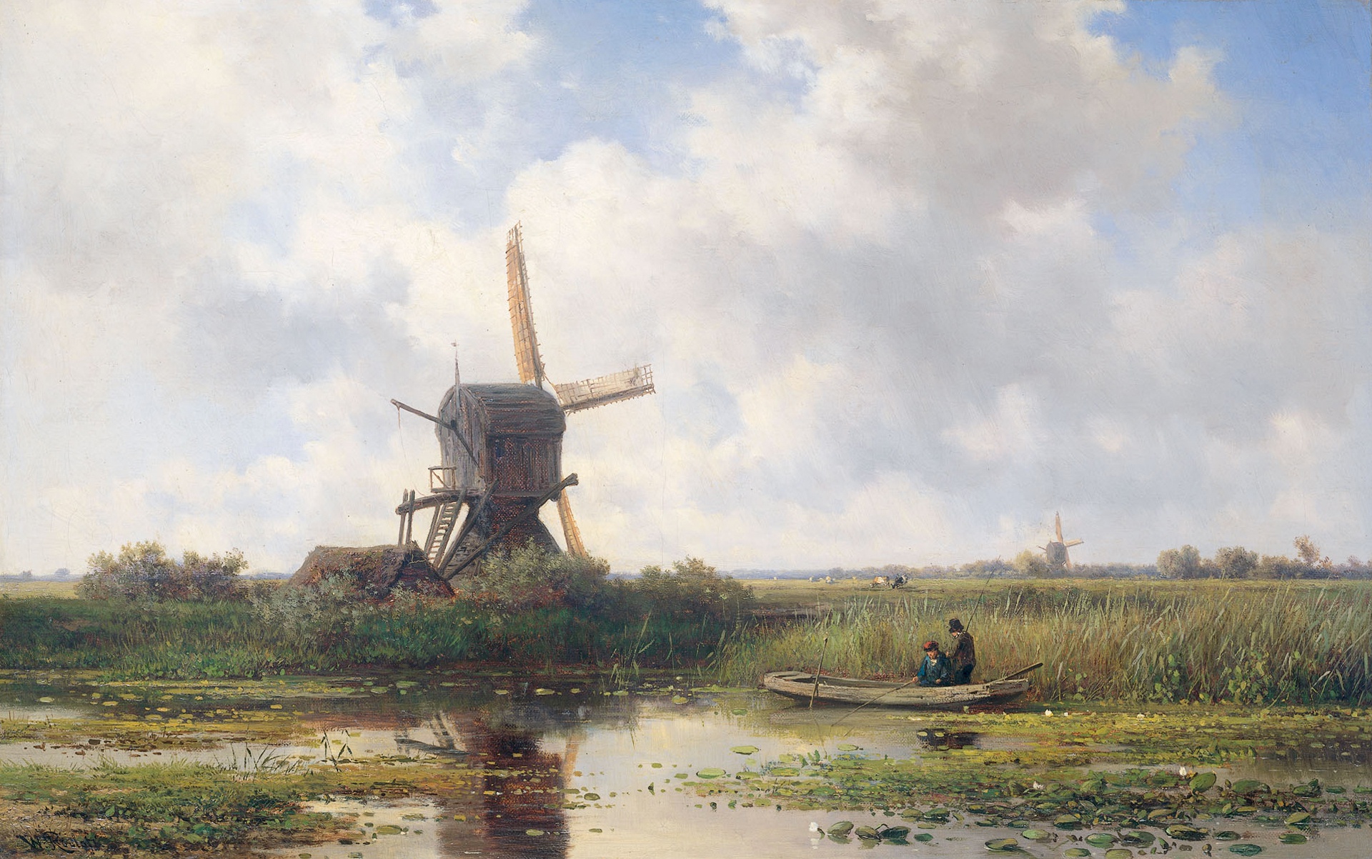 Boat Fishing Landscape Netherlands Painting Windmill 1920x1203