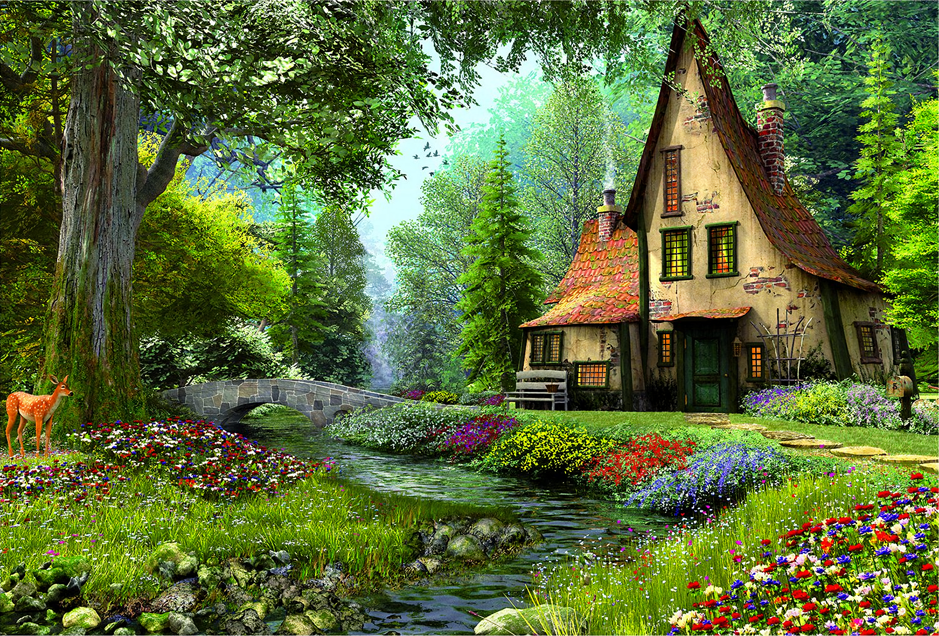 Artistic Bridge Deer Fairy Tale Flower House Magical Painting River Spring Tree 1920x1301