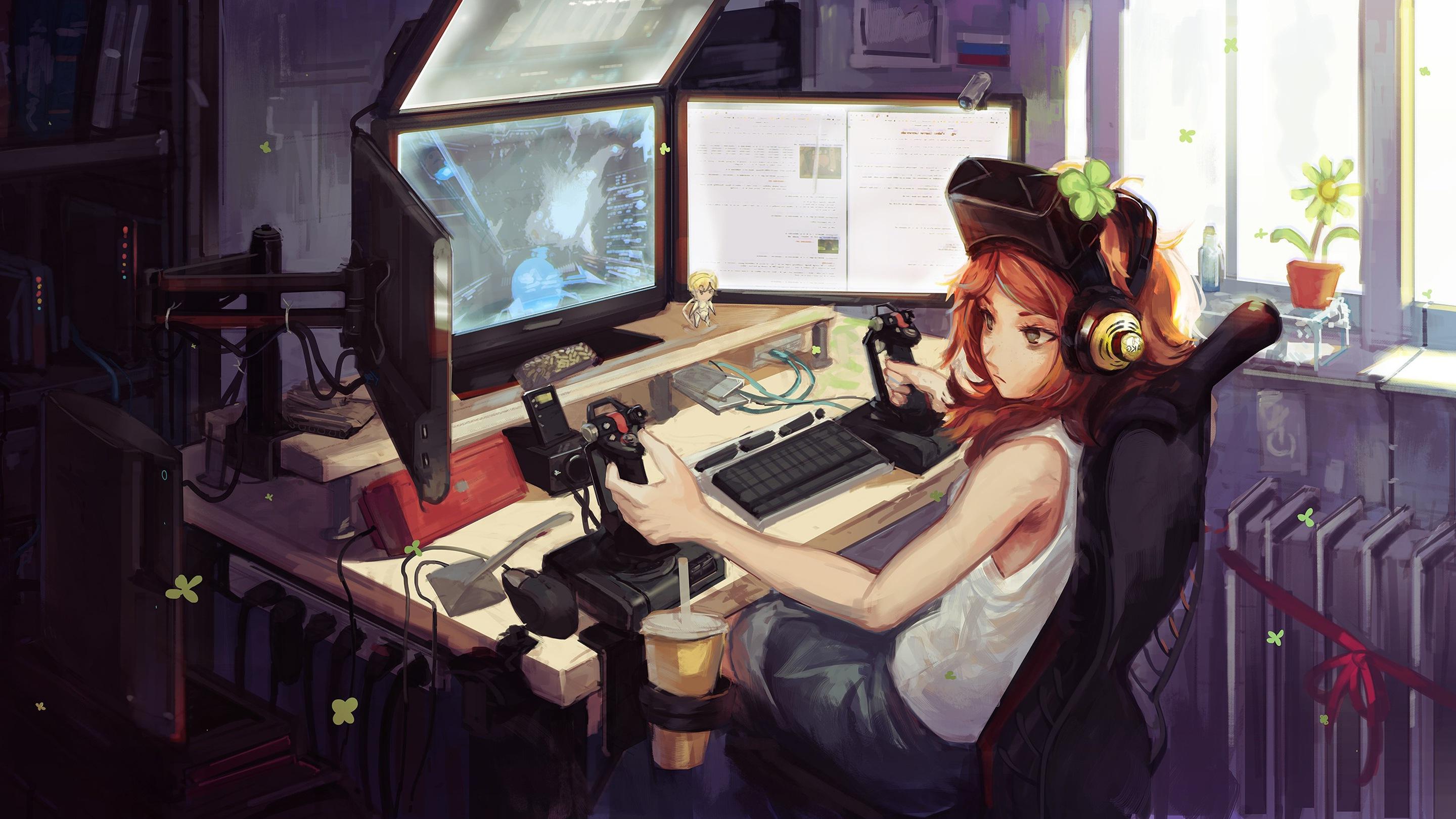 Computer Girl Long Hair Playing Red Hair 2880x1620