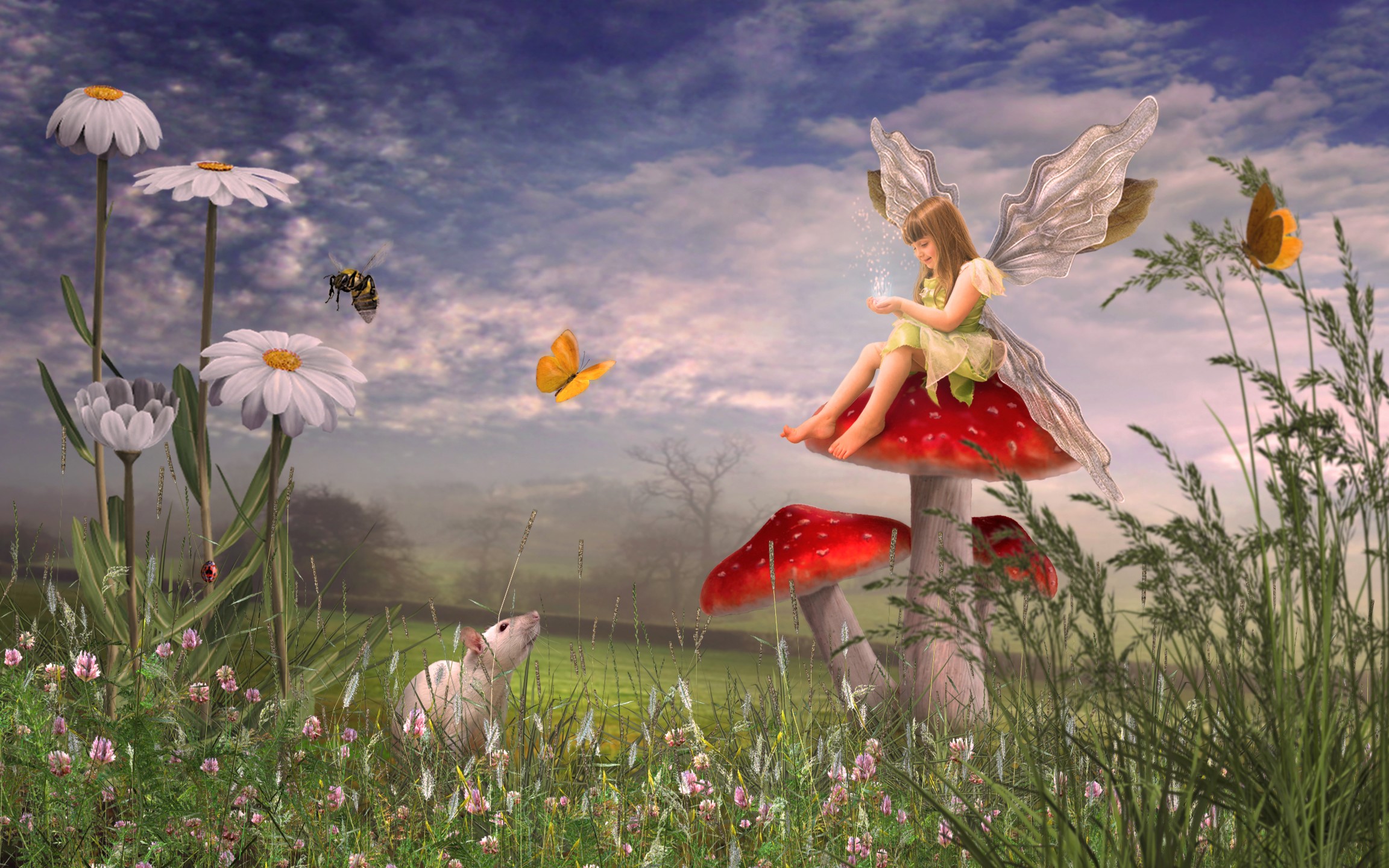 Artistic Daisy Fairy Fantasy Little Girl Mouse Mushroom 2304x1440