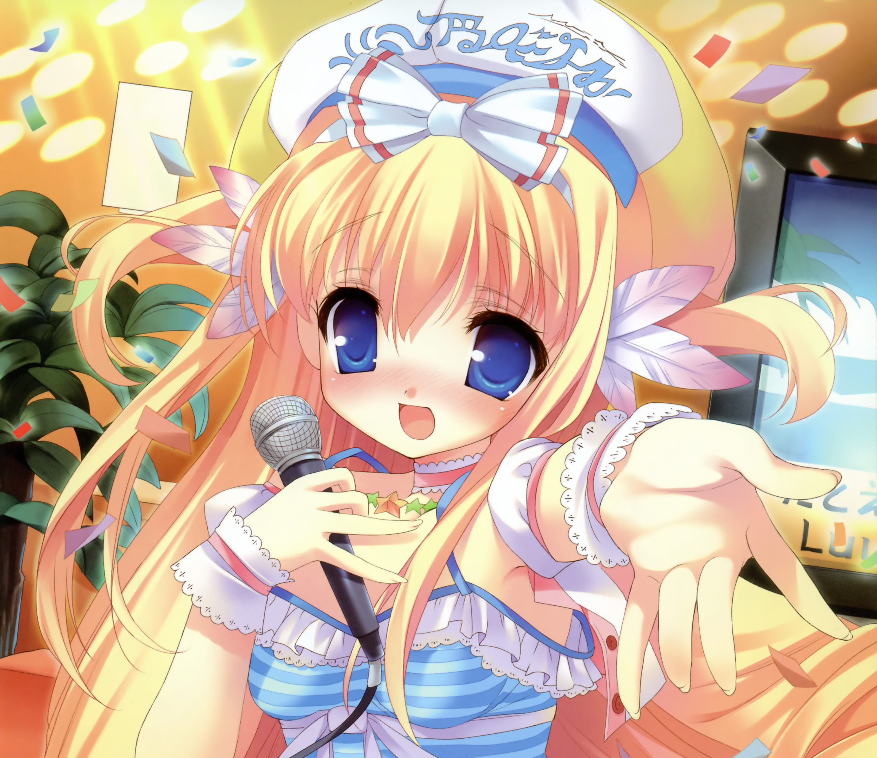 Blonde Blue Eyes Blush Confetti Feather Hat Long Hair Microphone Bow Clothing 2952x2552