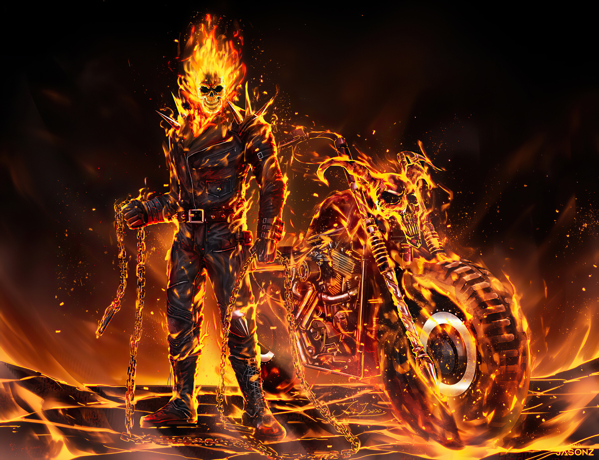 Fan Art Digital Art Artwork Digital Painting Ghost Rider Fire Harley Davidson Skull Face Black Jacke 2400x1846