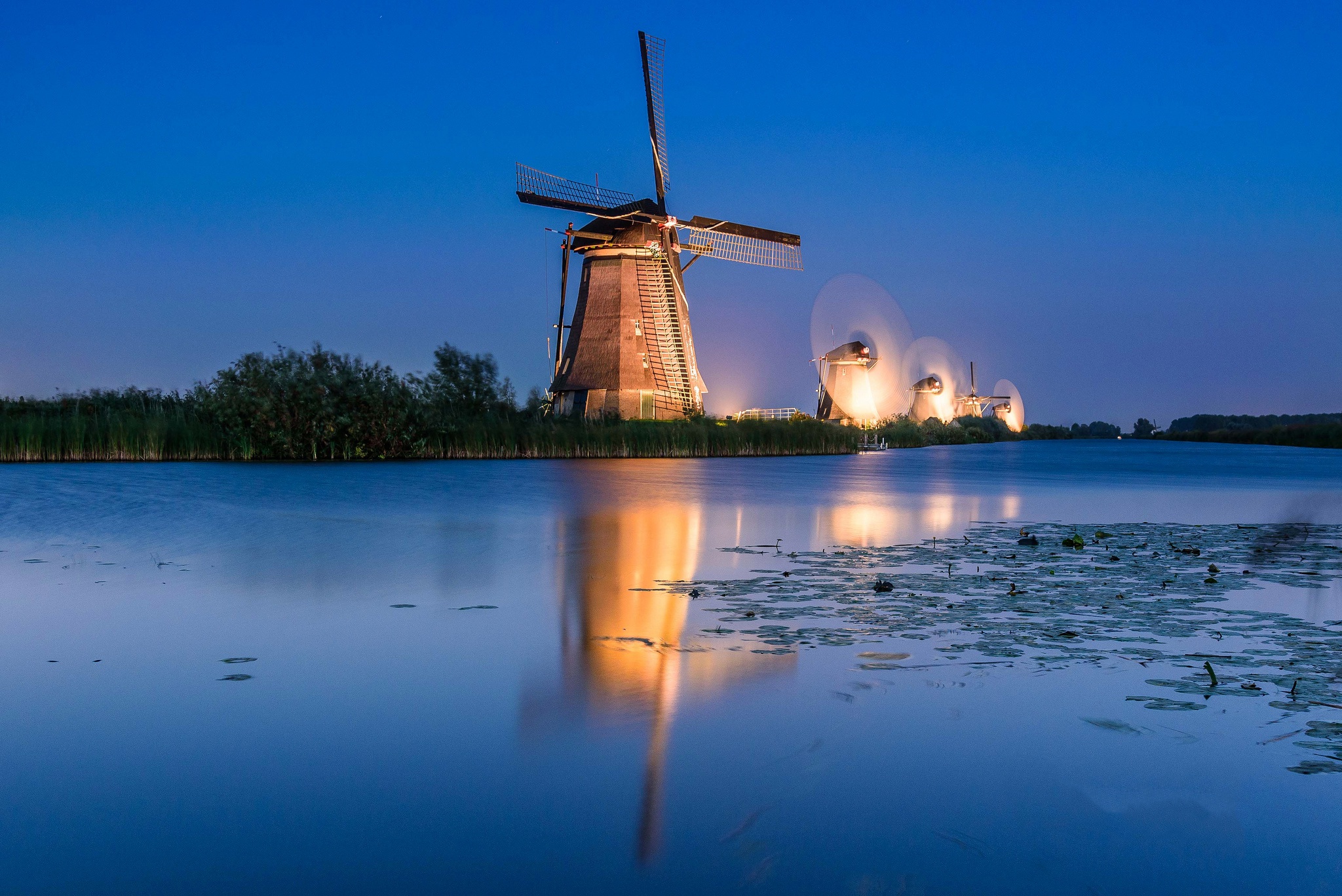 Building Night Reflection River Windmill 2048x1367