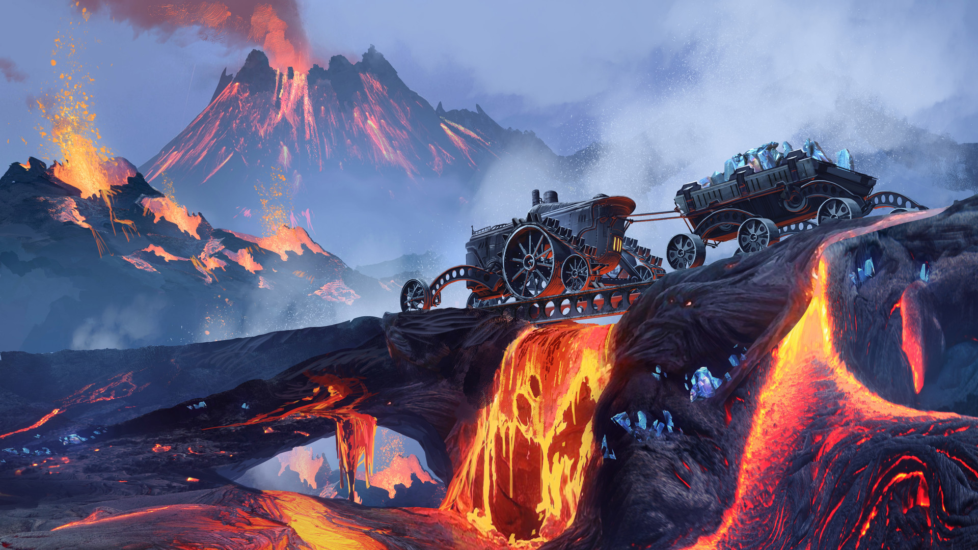 Crystal Eruption Lava Mining Mountain Steampunk Vehicle Volcano 1920x1080
