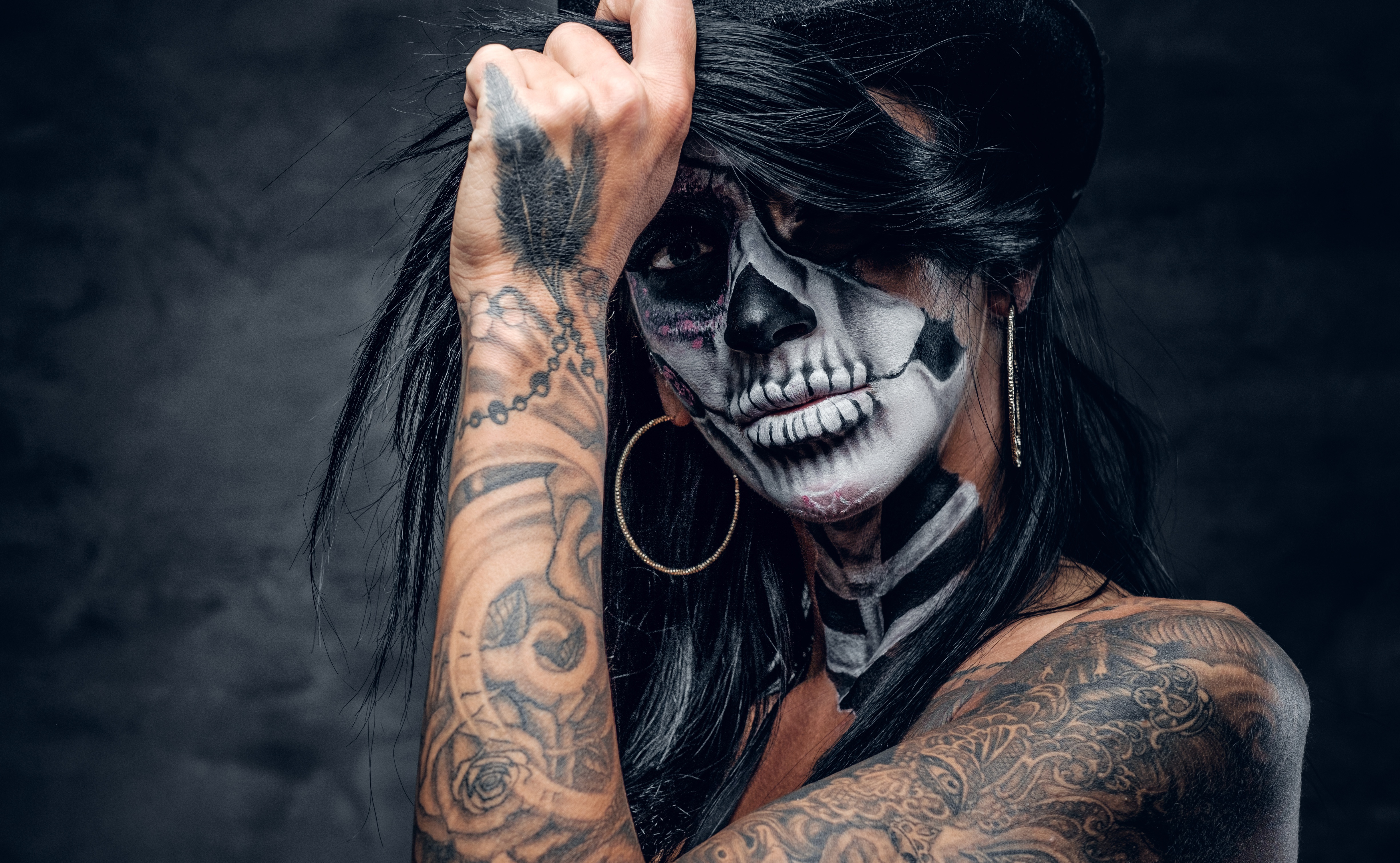Brunette Earrings Girl Sugar Skull Tattoo Woman 4896x3021